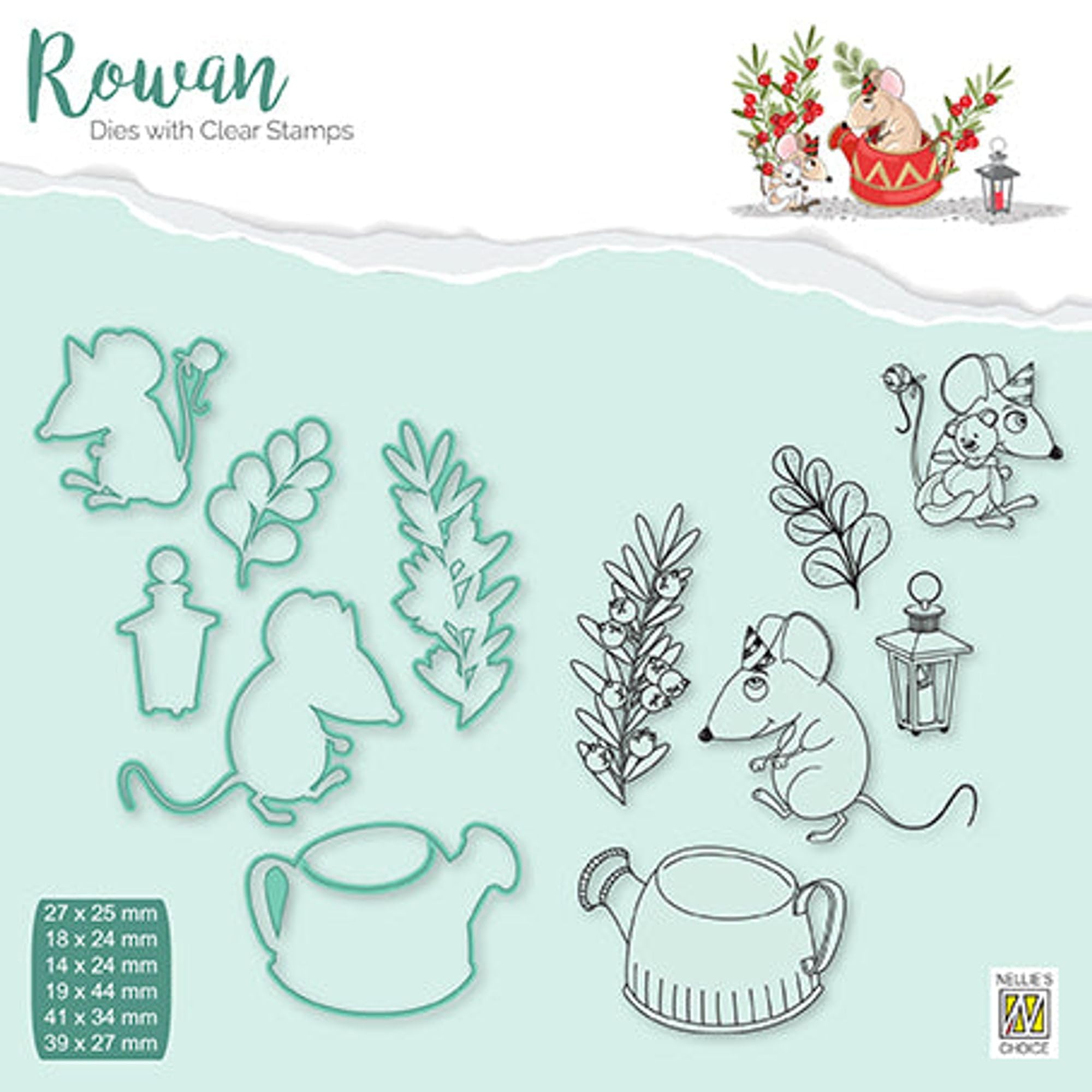 Nellie's Choice Rowan Dies with Clear Stamps - Christmas Mouse 2 Coffee Pot Crafting Die Set for Scrapbooking, Card Making & DIY Holiday Decorations