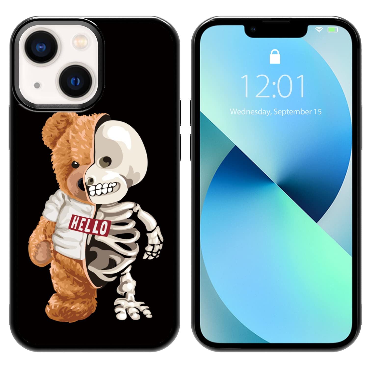 FANXI Skeleton Bear Shockproof Phone Case for iPhone 13 Mini 5.4 Inch - Cute Teddy Bear Designer Protective Cover for Men Women Girls (Black/Brown) | Perfect for Daily Use, Travel & Gift Giving