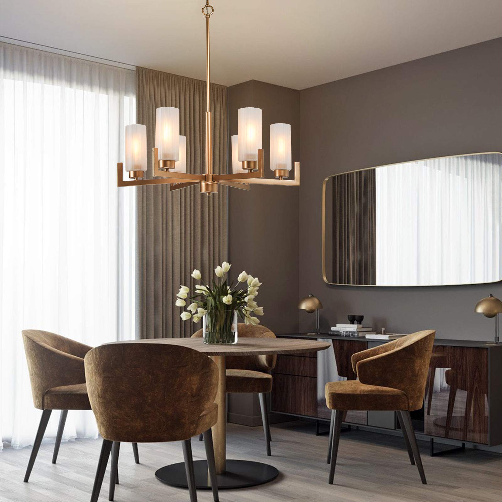 6-Light Gold Chandelier with White Frosted Glass Shades - Modern Crystal Ceiling Light Fixture for Dining Room, Living Room, Kitchen & Bedroom - Perfect for Home Decor, Wedding & Restaurant Lighting