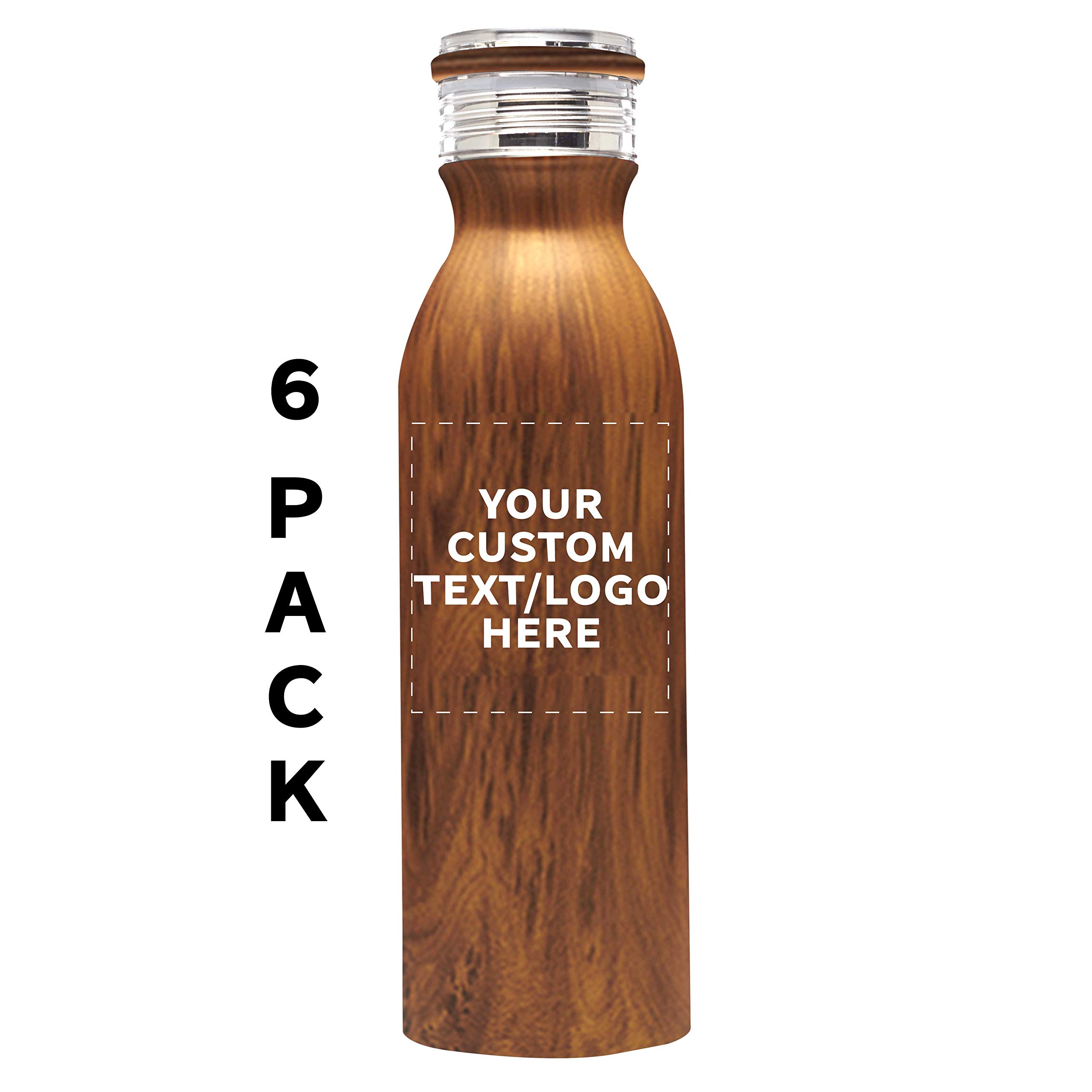 Echo 20 oz Custom Stainless Steel Water Bottles Set of 6 - Personalized Bulk Pack with Double Wall Insulation - Ideal for Coffee, Tea, Soda & Cold Drinks - Perfect for Office, Gym, Hiking & Outdoor Activities - Wood Lid Design