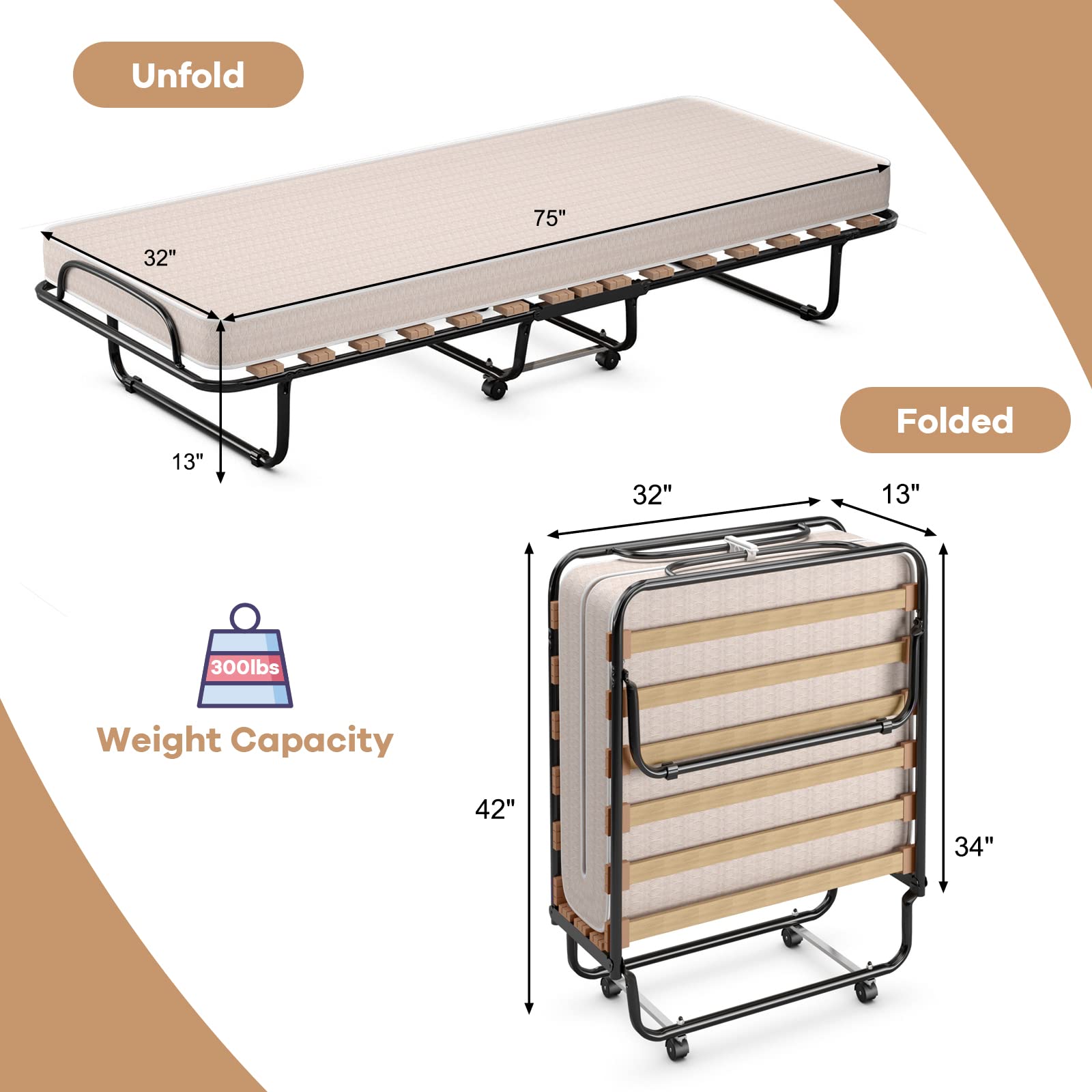 RELAX4LIFE Foldable Guest Bed with Memory Foam Mattress - 75