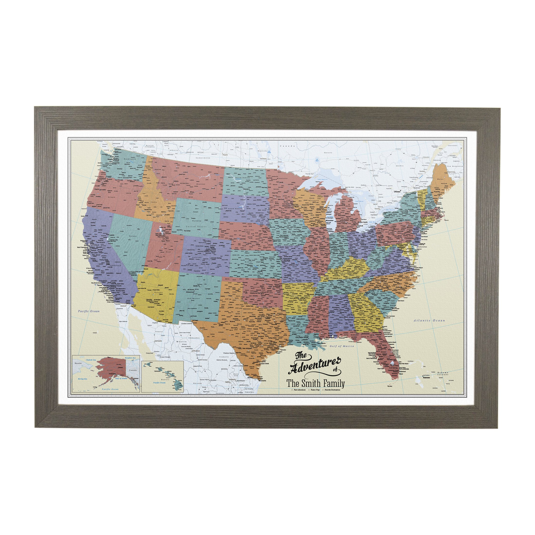Personalized Push Pin Travel Map - Tan Oceans USA Design with Barnwood Gray Frame - Perfect for Home Decor, Travel Gifts & Adventure Planning