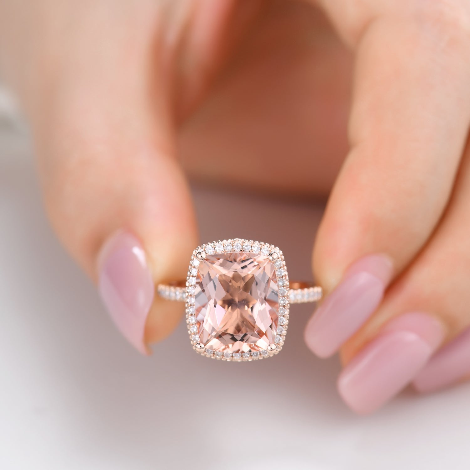 5 Carat Morganite Engagement Ring with Filigree Halo & Diamond Accents in Rose Gold - Perfect for Proposals, Weddings & Anniversary Gifts