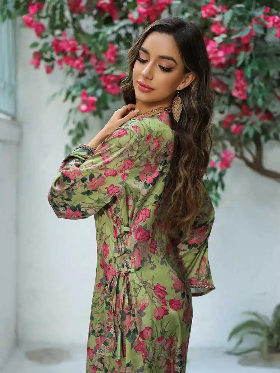 Elegant Eid Printed Hotfix Rhinestone Caftan Dress for Women - Perfect for Celebrations, Parties & Special Occasions | Stunning Embellished Kaftan for Festive Events & Holiday Gatherings