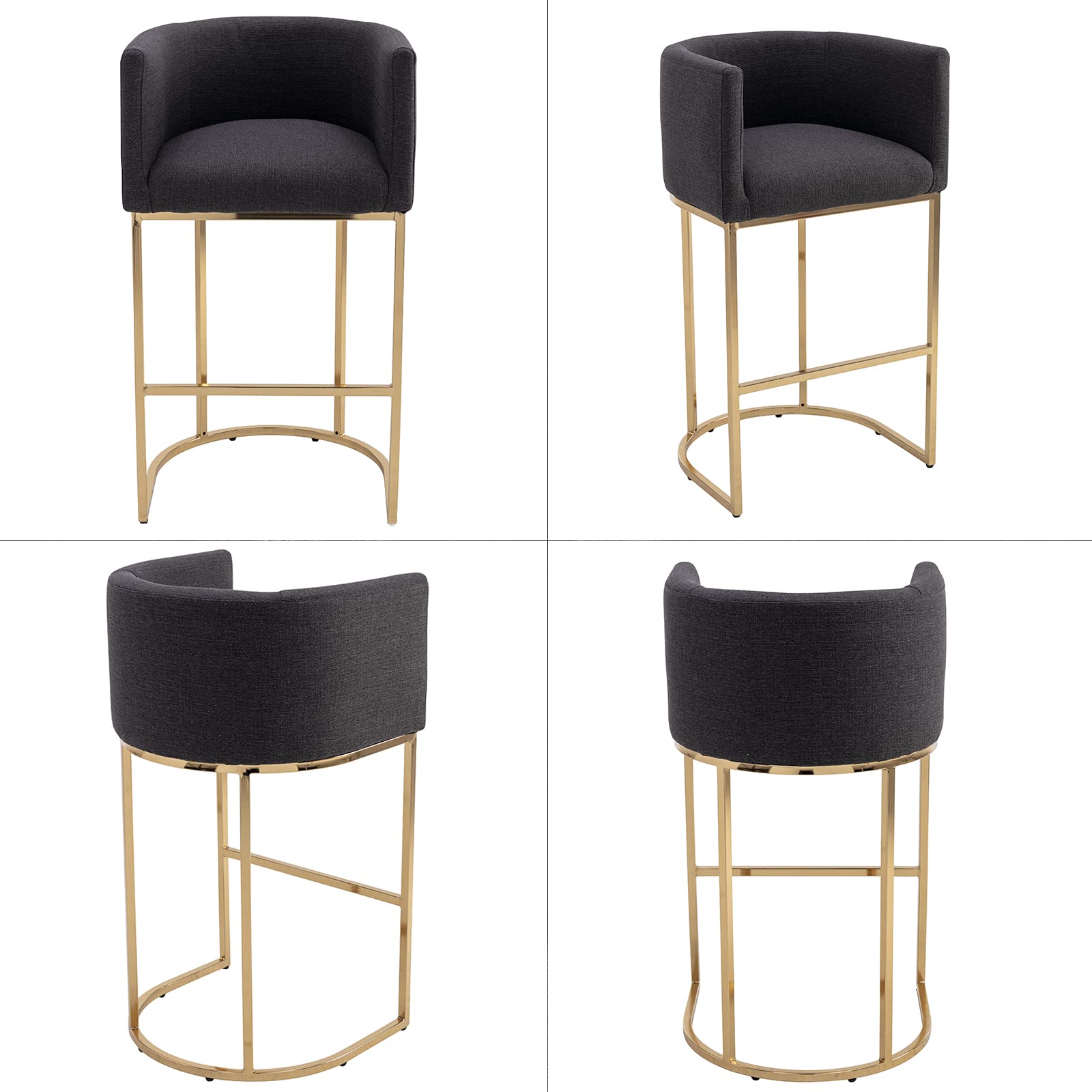 Modern 32 Inch Counter Height Bar Stool with Linen Upholstery & Gold Metal Frame - Back Support Kitchen Island Stool for Dining Room, Bar, or Breakfast Nook - Charcoal Gray