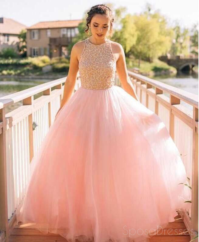 Elegant Blush Pink Tulle A-Line Prom Dress with Beaded Details - Long Formal Evening Gown for Homecoming, Wedding Guest, and Special Occasions - Style 17030