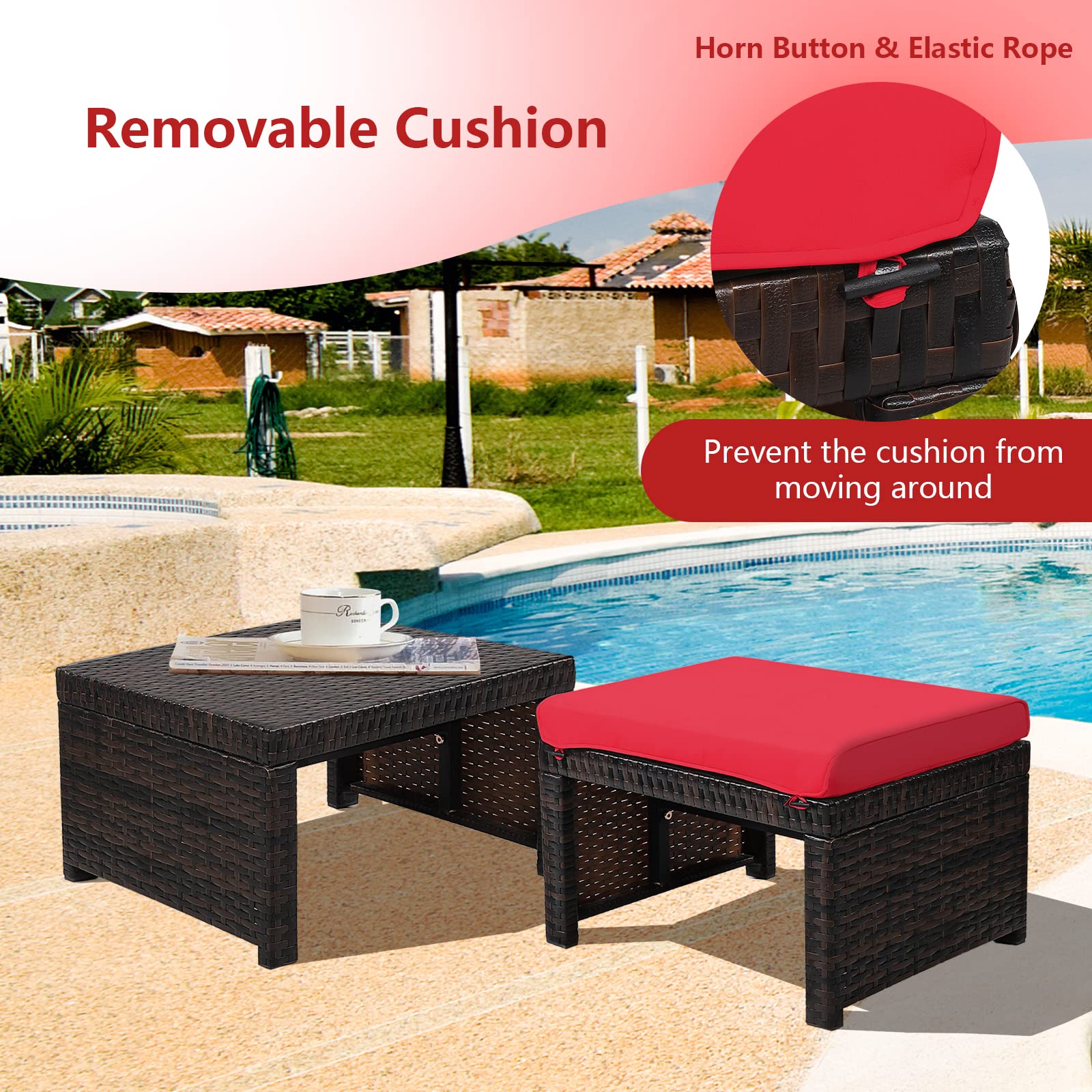 HAPPYGRILL 2-Piece Outdoor Wicker Ottomans with Cushions - Patio Rattan Footstool, Solid Steel Frame - Multifunctional Ottoman Set for Poolside, Backyard, Balcony & Garden Relaxation