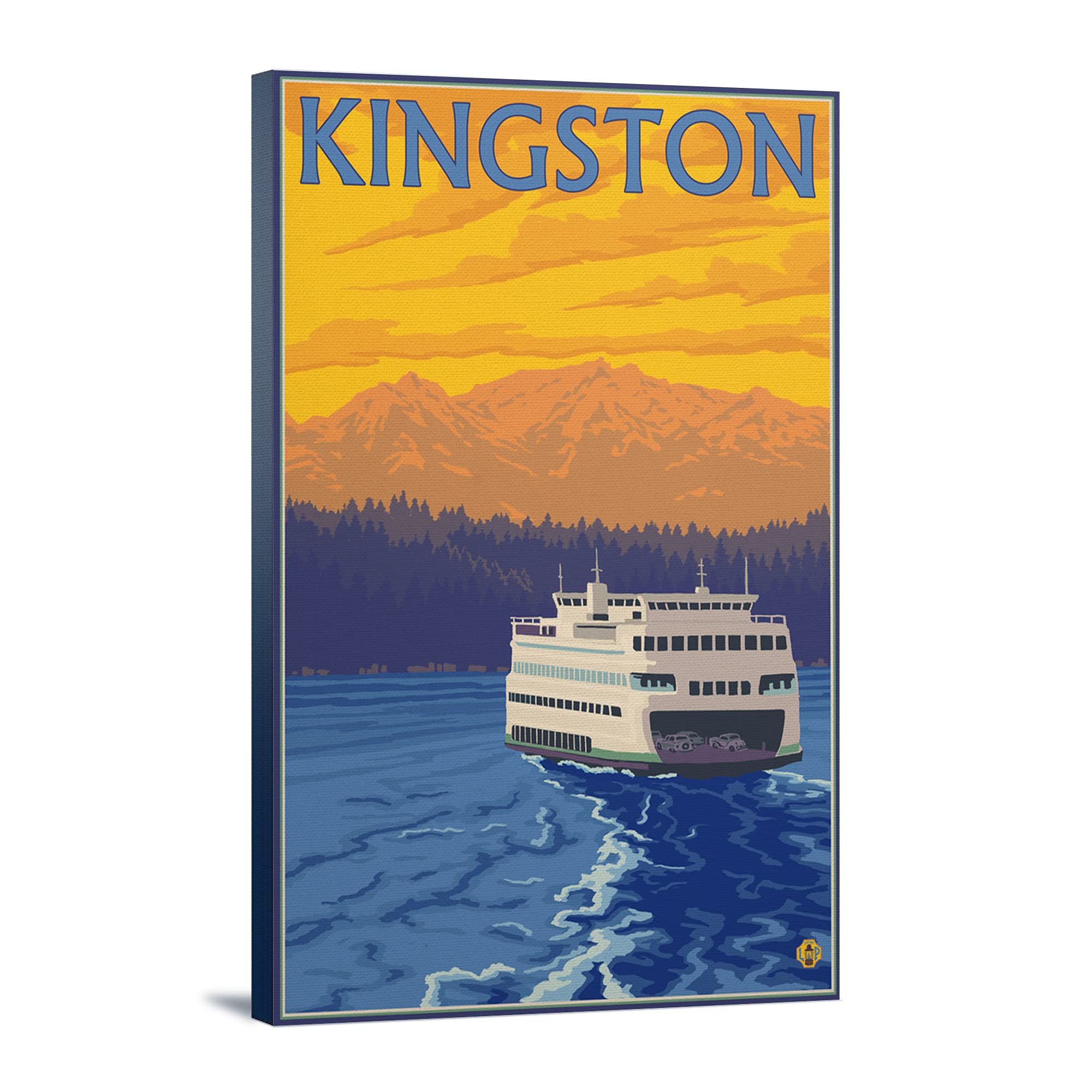 Lantern Press Ferry and Mountains Kingston WA Wall Art - 16x24 Wrapped Canvas Print - Pacific Northwest Landscape Decor for Living Room, Bedroom & Office
