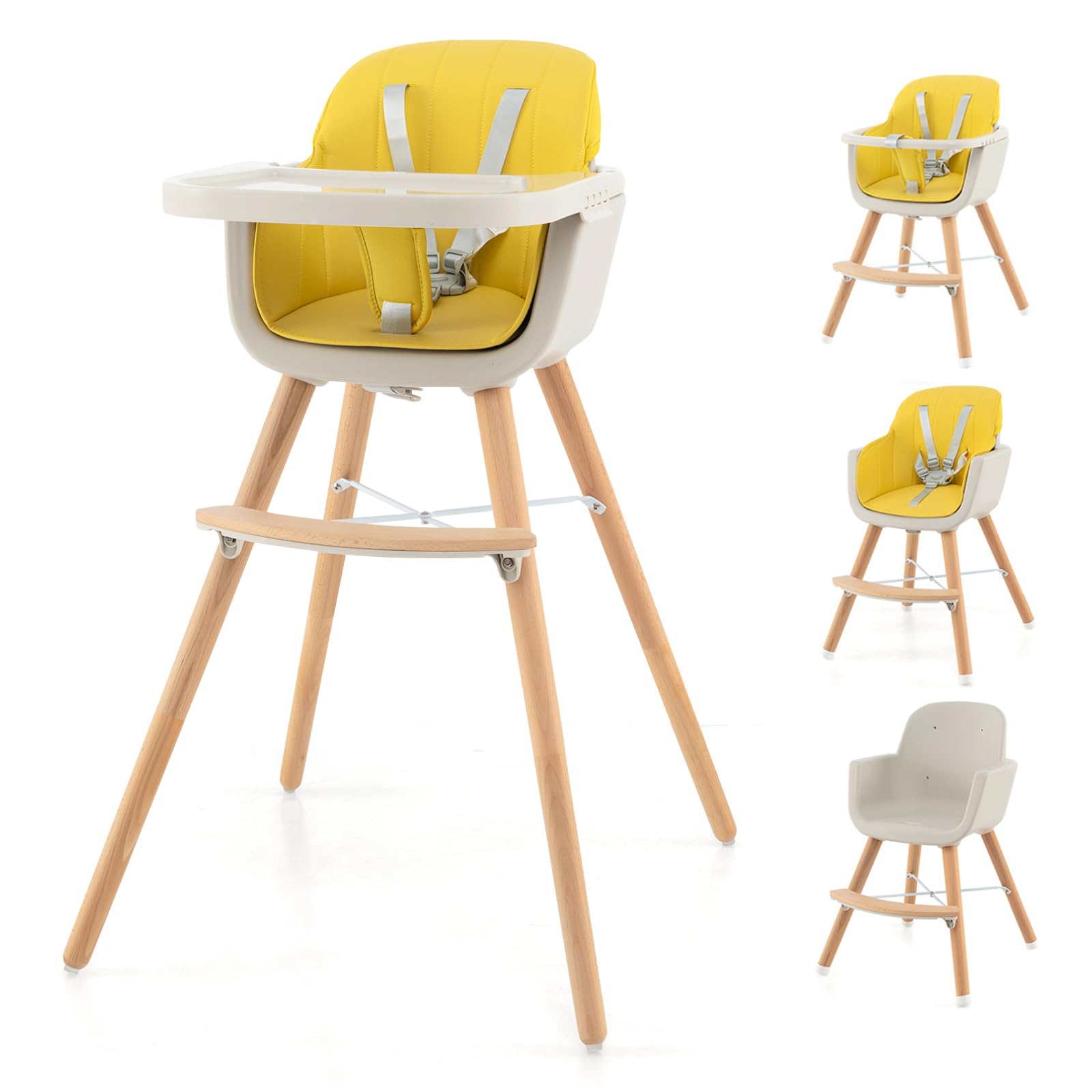 HONEY JOY 3-in-1 Wooden High Chair for Babies & Toddlers - Convertible Booster Seat & Toddler Chair with Removable Tray, 5-Point Safety Harness, PU Cushion & Adjustable Footrest - Perfect for Dining, Feeding & Learning (Yellow)