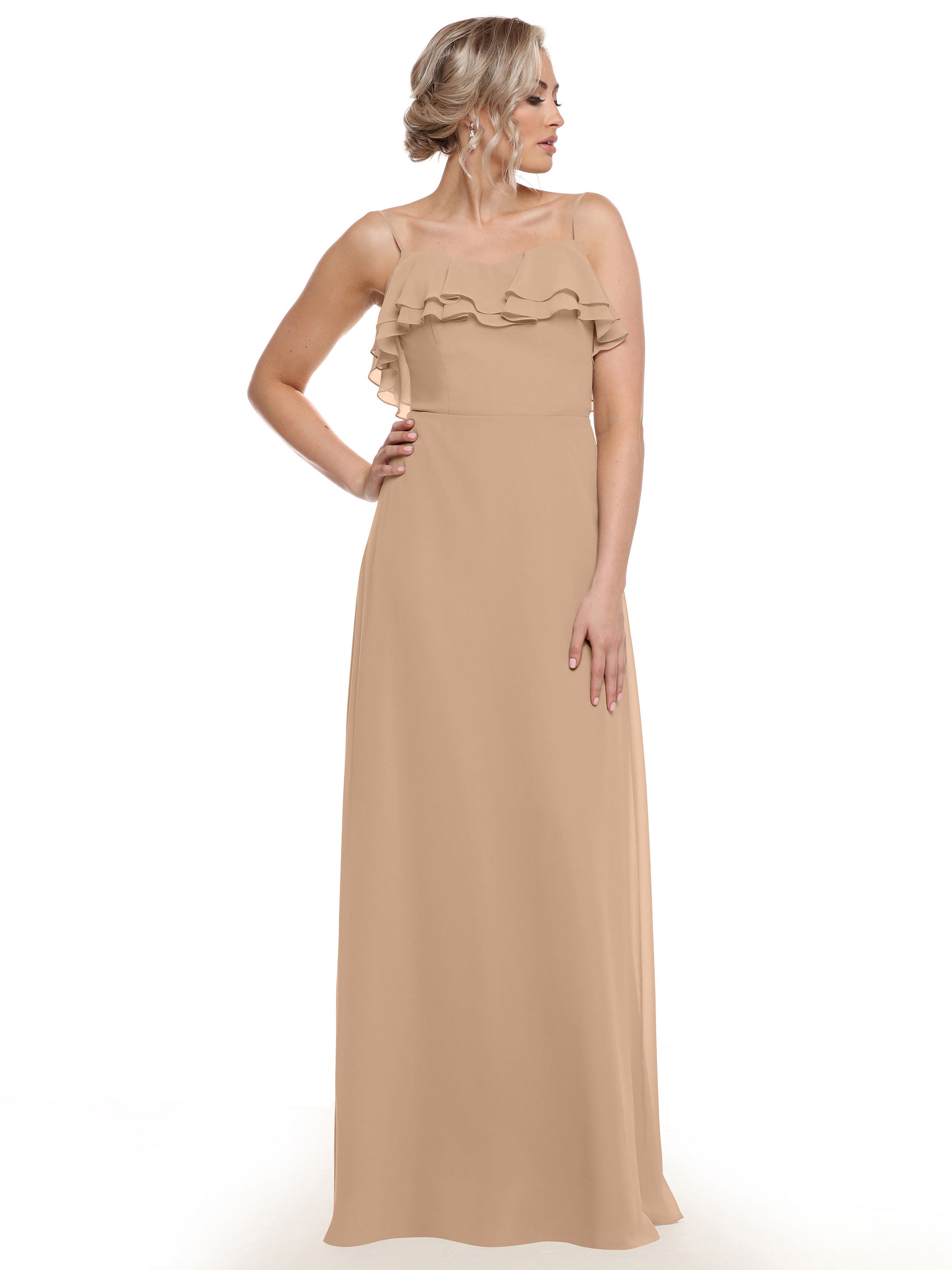Elegant 80146 Sheath Chiffon Bridesmaid Dress with Ruffled Neckline - Perfect for Weddings, Formal Events & Special Occasions