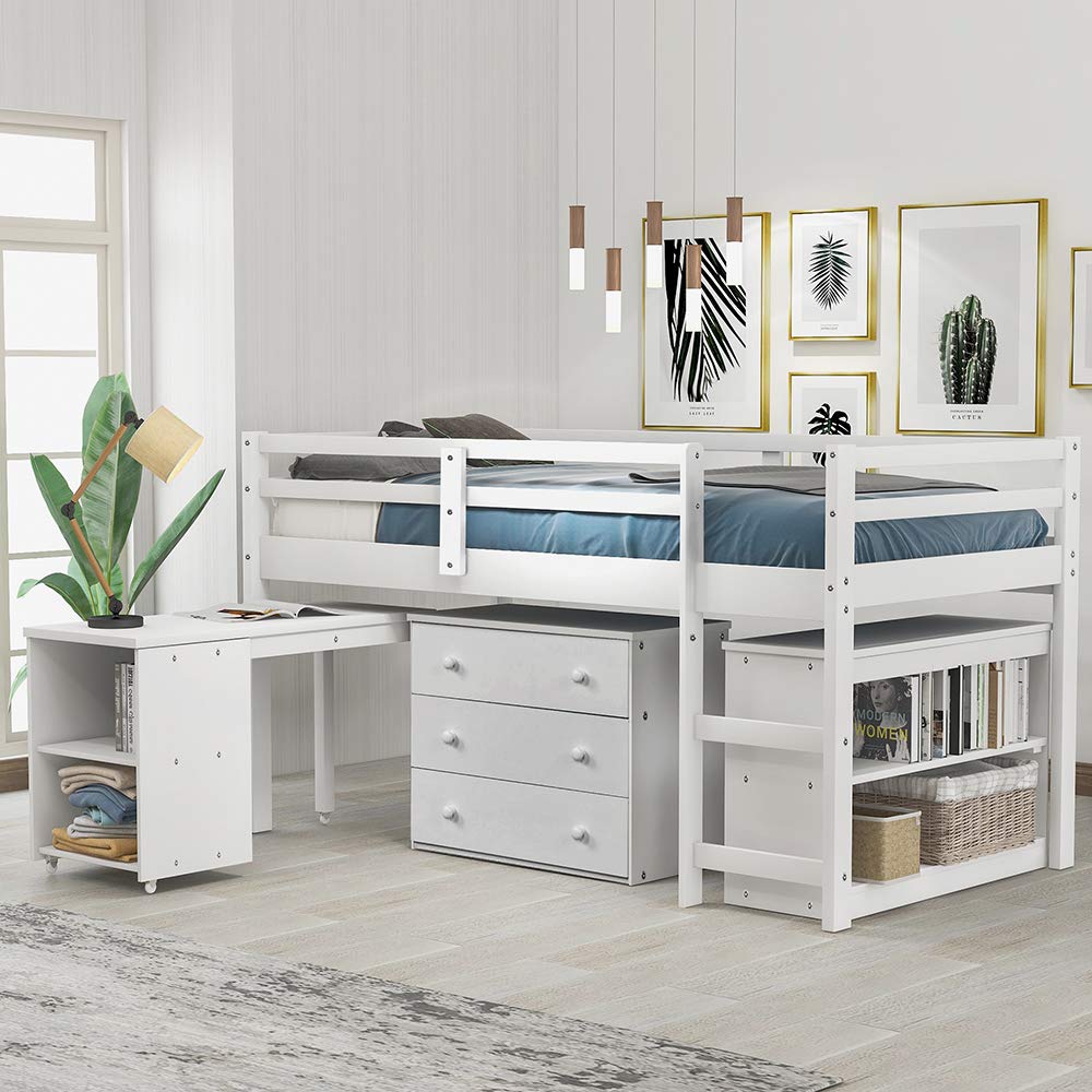 Teeker Low Study Twin Loft Bed with Cabinet & Rolling Desk - Space-Saving White Wooden Bunk Bed for Kids & Teens - Perfect for Small Bedrooms, Dorm Rooms & Home Offices