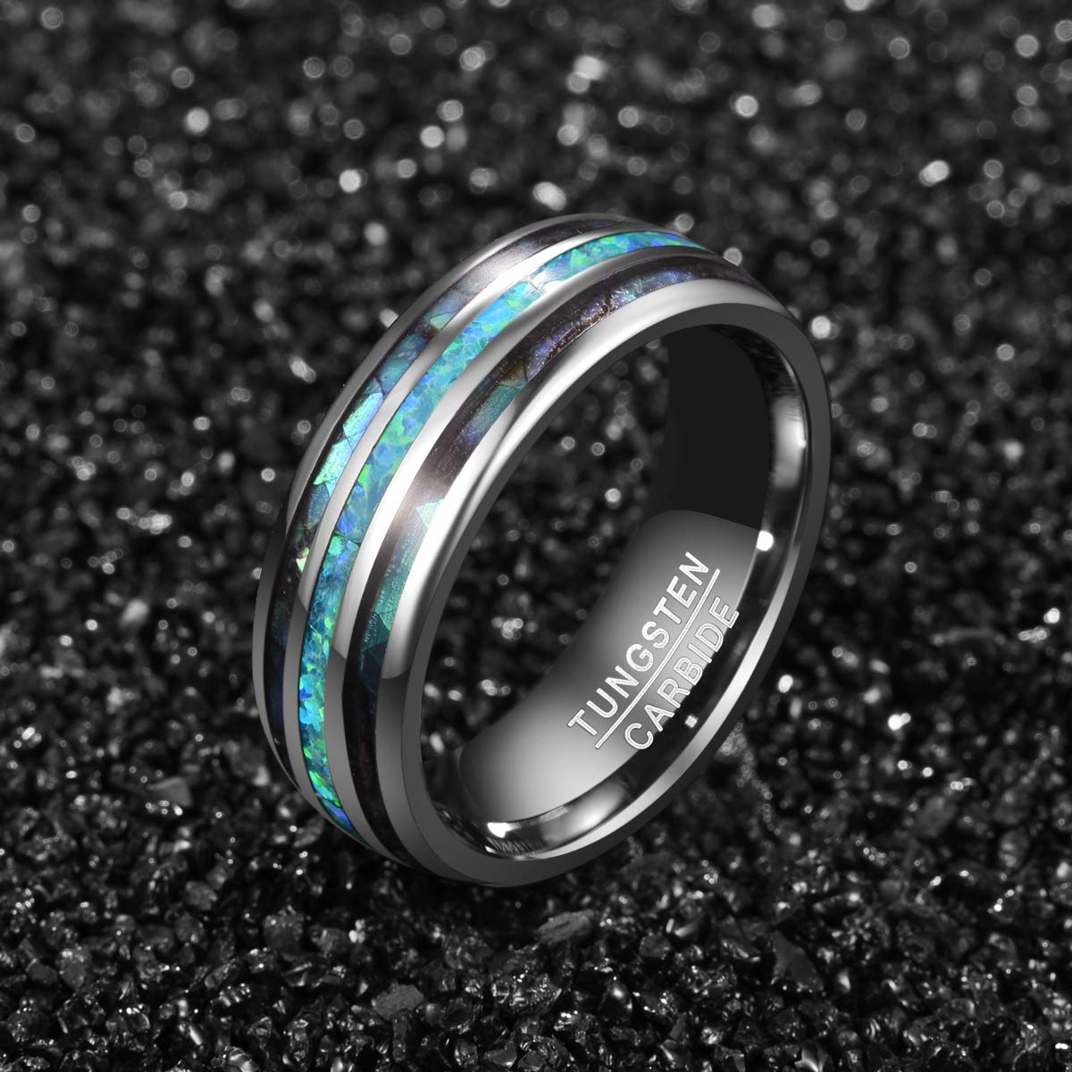 Men's Tungsten Wedding Band - 8mm Comfort Fit Ring with Real Blue/Green Opal & Abalone Shell - Size 7-12 - Durable Tungsten Carbide Engagement Ring for Men - Perfect for Weddings, Anniversaries & Everyday Wear
