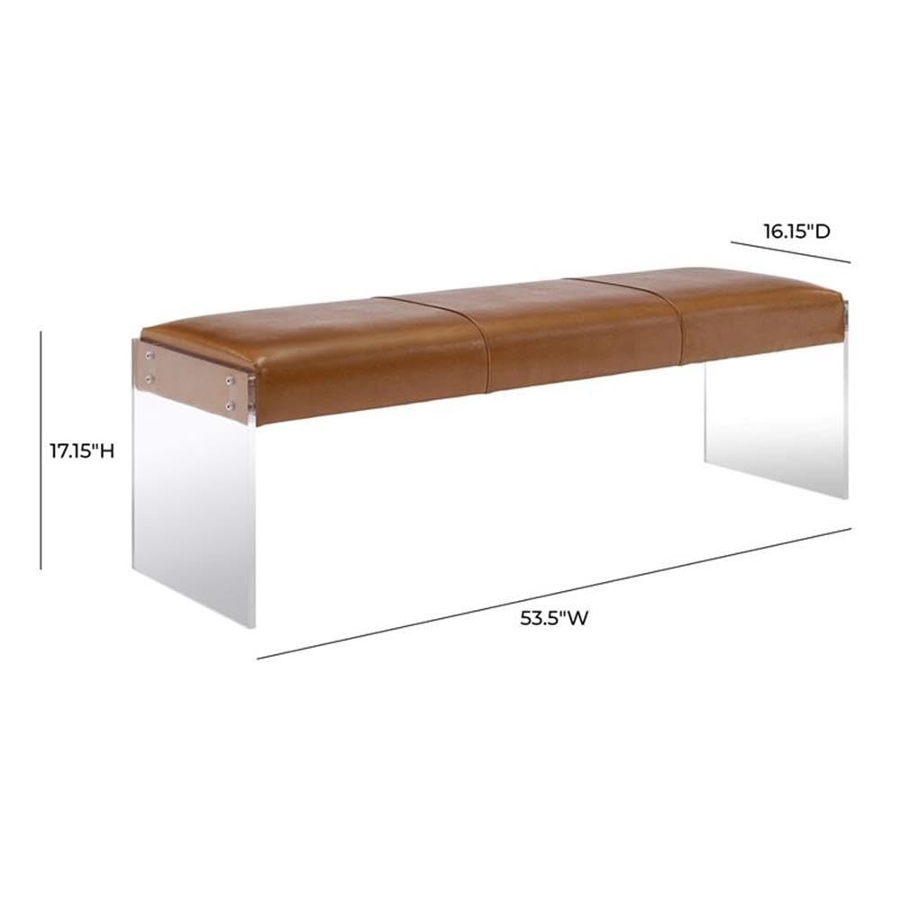 TOV Furniture Envy Leather/Acrylic Bench - Modern Brown Leather Seat with Acrylic Legs for Living Room, Bedroom & Entryway Decor