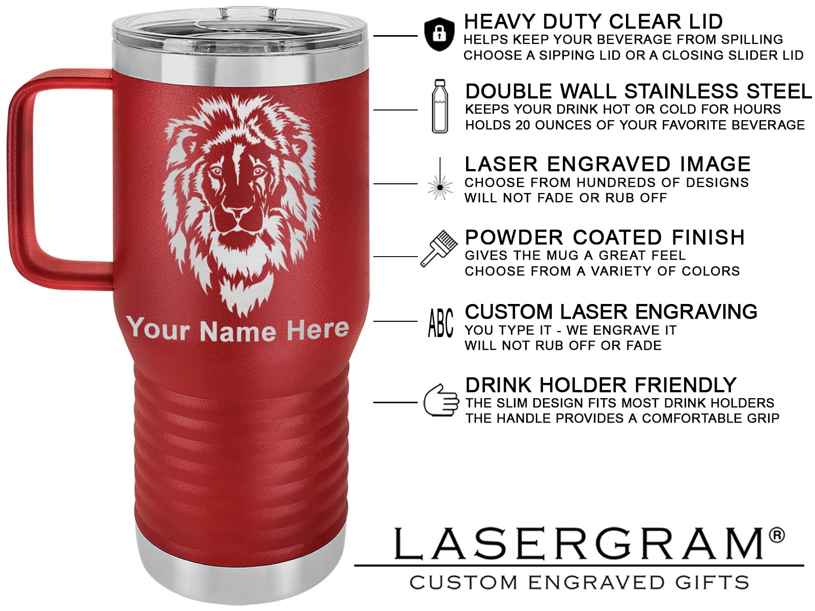 **20oz Vacuum Insulated Travel Mug with Handle - Personalized Christian Cross Engraving - Keeps Drinks Hot/Cold for Hours - Perfect for Commuting, Work & Outdoor Adventures (Maroon)**