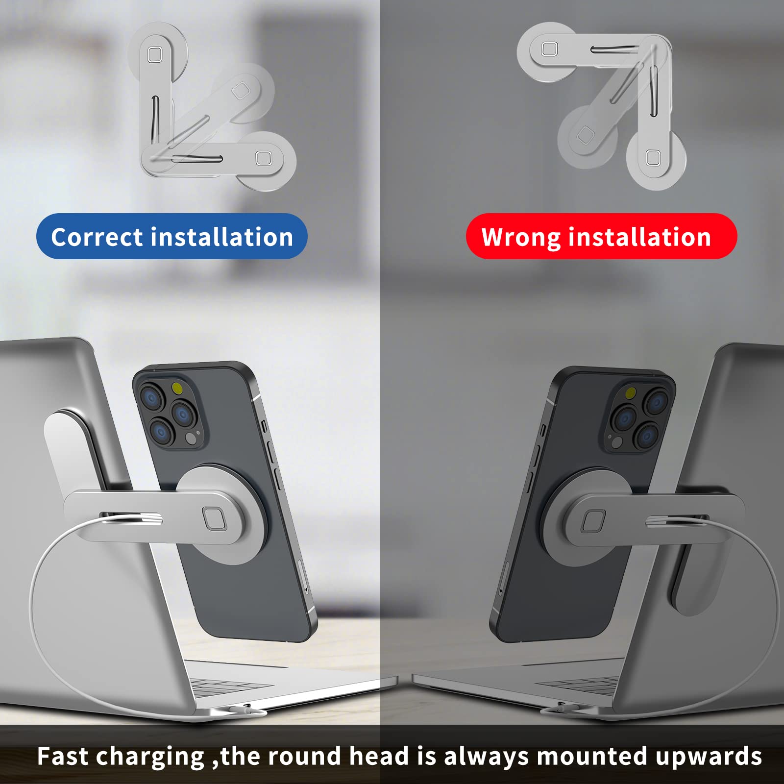 15W Fast Magnetic Wireless Laptop Phone Holder - Adjustable Side Mount for iPhone 15/14/13/12 Series | Slim Portable Computer Monitor Stand | Silver | Perfect for Home Office, Remote Work & Video Conferencing