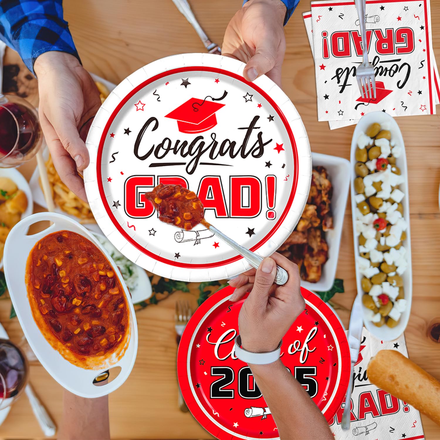 Class of 2025 Graduation Party Supplies Kit for 50 Guests - Red Disposable Dinner Plates, Dessert Plates & Napkins - Perfect for Grad Party Decorations & Celebration Events