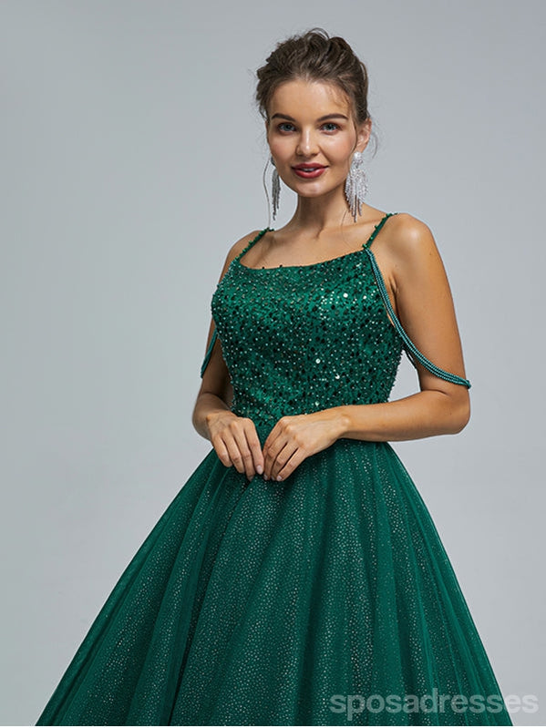 Elegant Green A-Line Spaghetti Strap Long Prom Dress for Women – Affordable Formal Gown for Homecoming, Ball & Evening Events | Style #12996