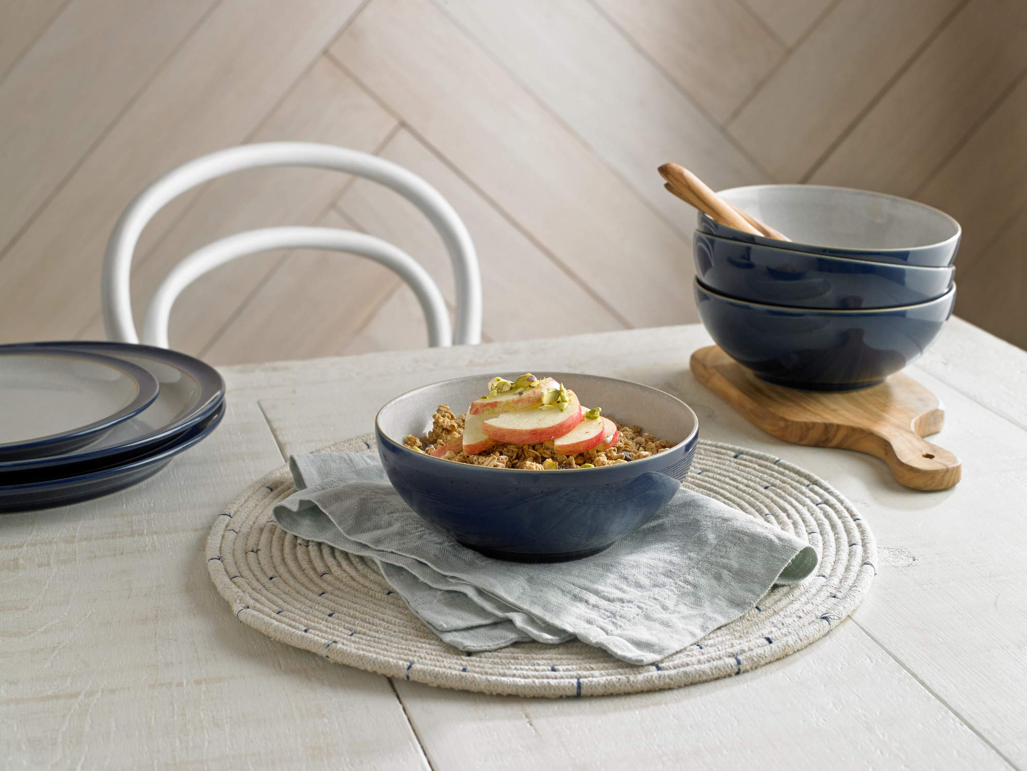 Denby Elements Dark Blue Cereal Bowls Set of 4 - 17cm (820ml) Microwave & Dishwasher Safe Stoneware - Navy Blue & White Ceramic Tableware - Chip & Crack Resistant Soup & Salad Bowls for Everyday Dining & Entertaining