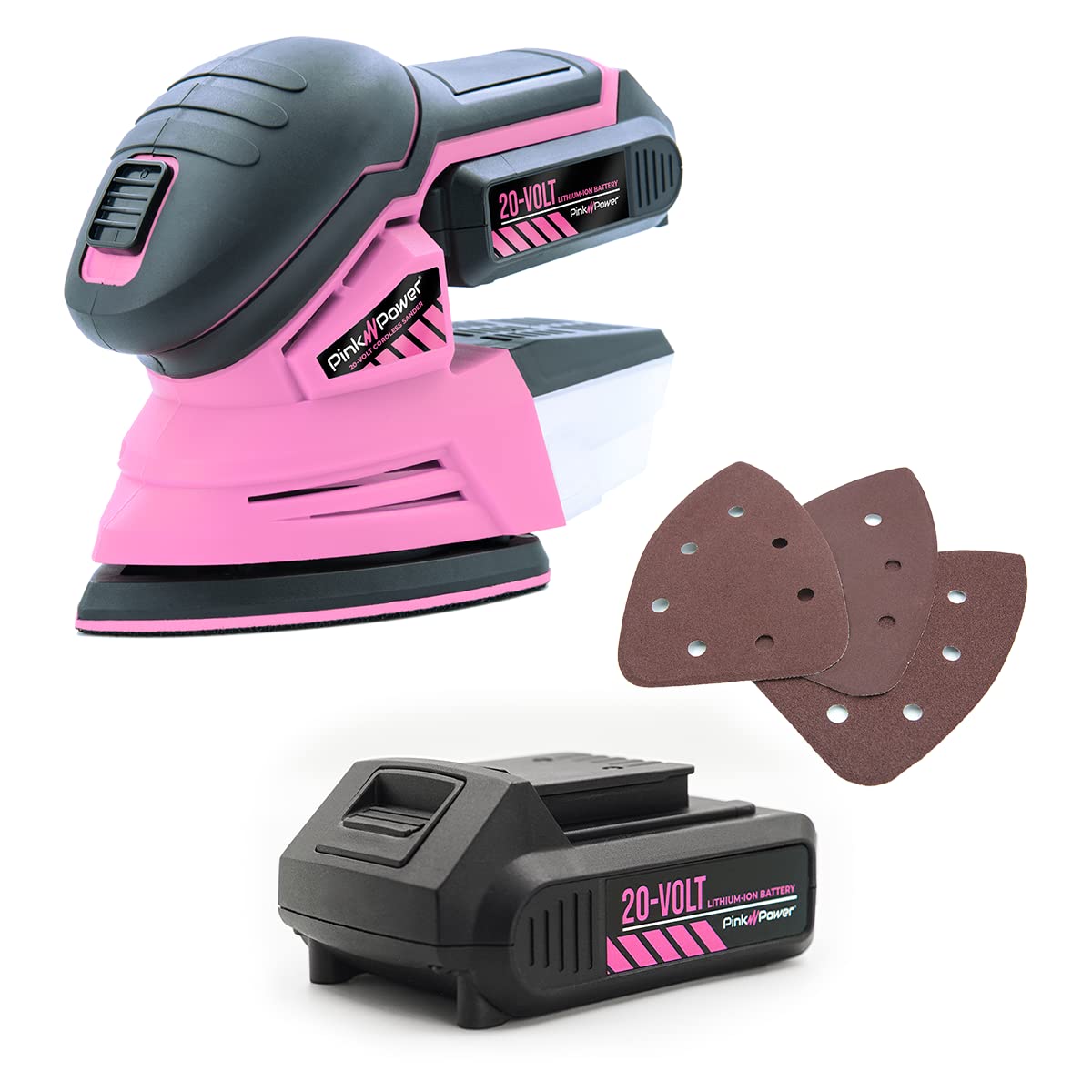 20V Cordless Electric Hand Sander - Pink Power Detail Sander for Woodworking & Furniture Repair | Mini Palm Sander Tool with 2 Li-Ion Batteries, Charger & Sandpaper | Perfect for DIY Projects, Home Renovation & Small Woodworking Tasks