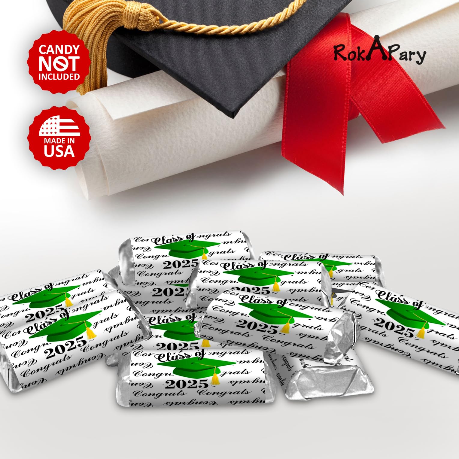 60pcs Class of 2025 Graduation Cap Mini Candy Bar Wrappers - Green DIY Chocolate Bar Stickers & Labels (Candy Not Included) | Made in USA | Perfect for Graduation Parties, School Events & Celebration Favors