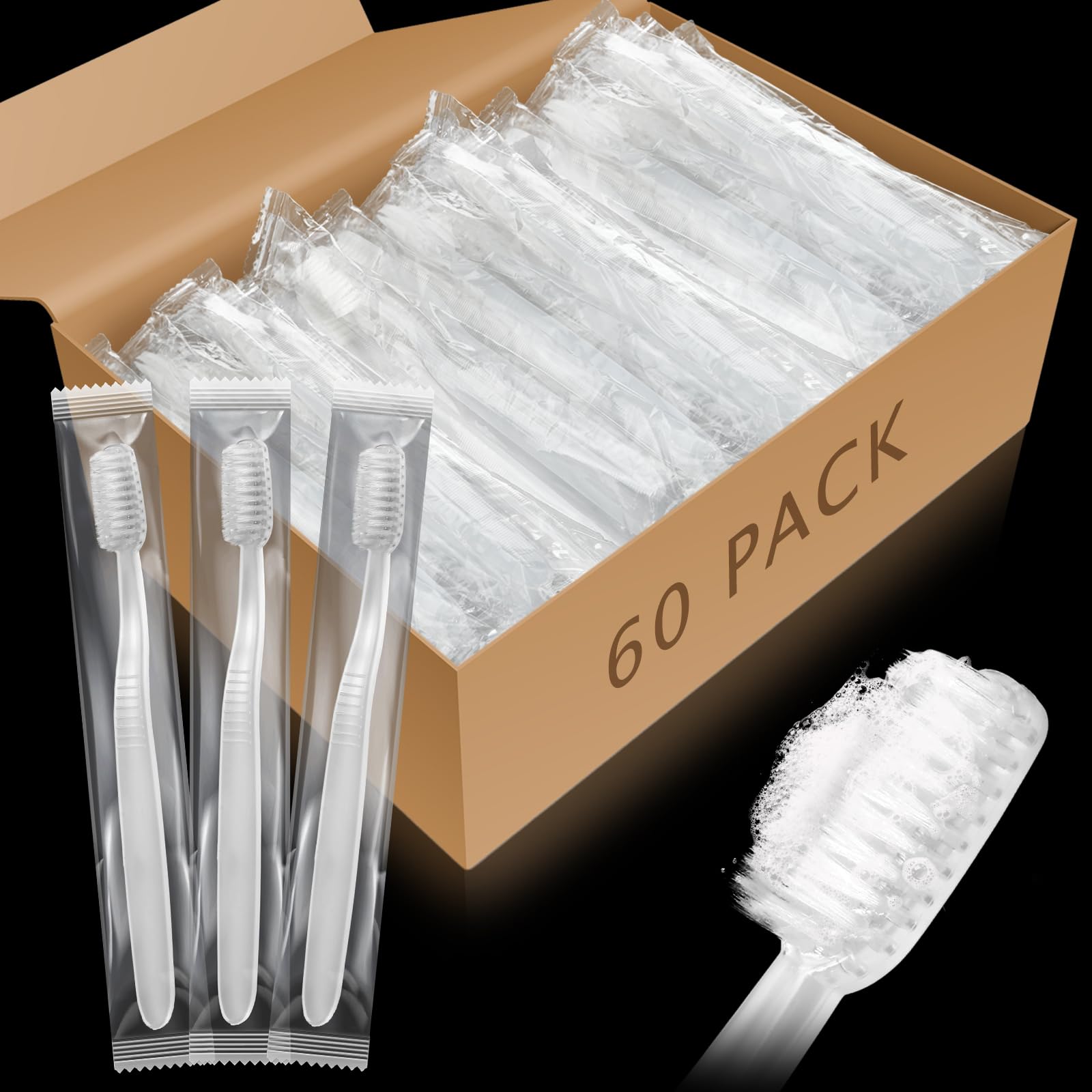 Tioncy 60 Pack Individually Wrapped Disposable Toothbrushes with Soft Bristles - Pre-Pasted Travel Toothbrush for Camping, Hotels, Emergency Kits & Homeless Care Packages | Perfect for On-The-Go Oral Hygiene