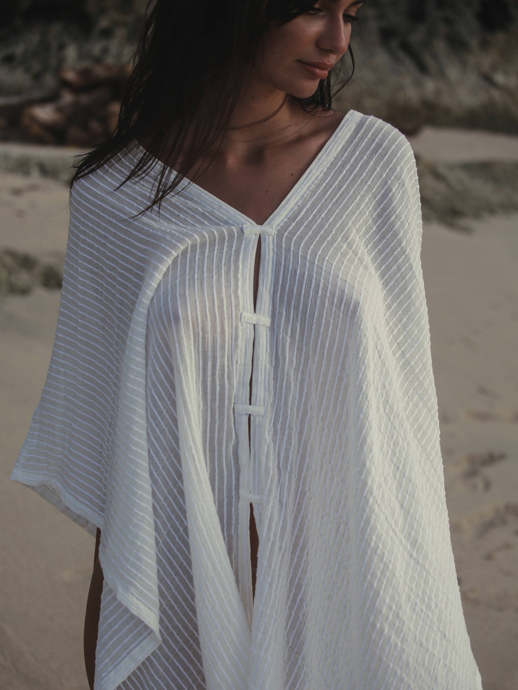 Ava Kimono Top 100% Cotton White Stripes - Lightweight Summer Cover Up for Women, Beachwear, Yoga & Boho Fashion
