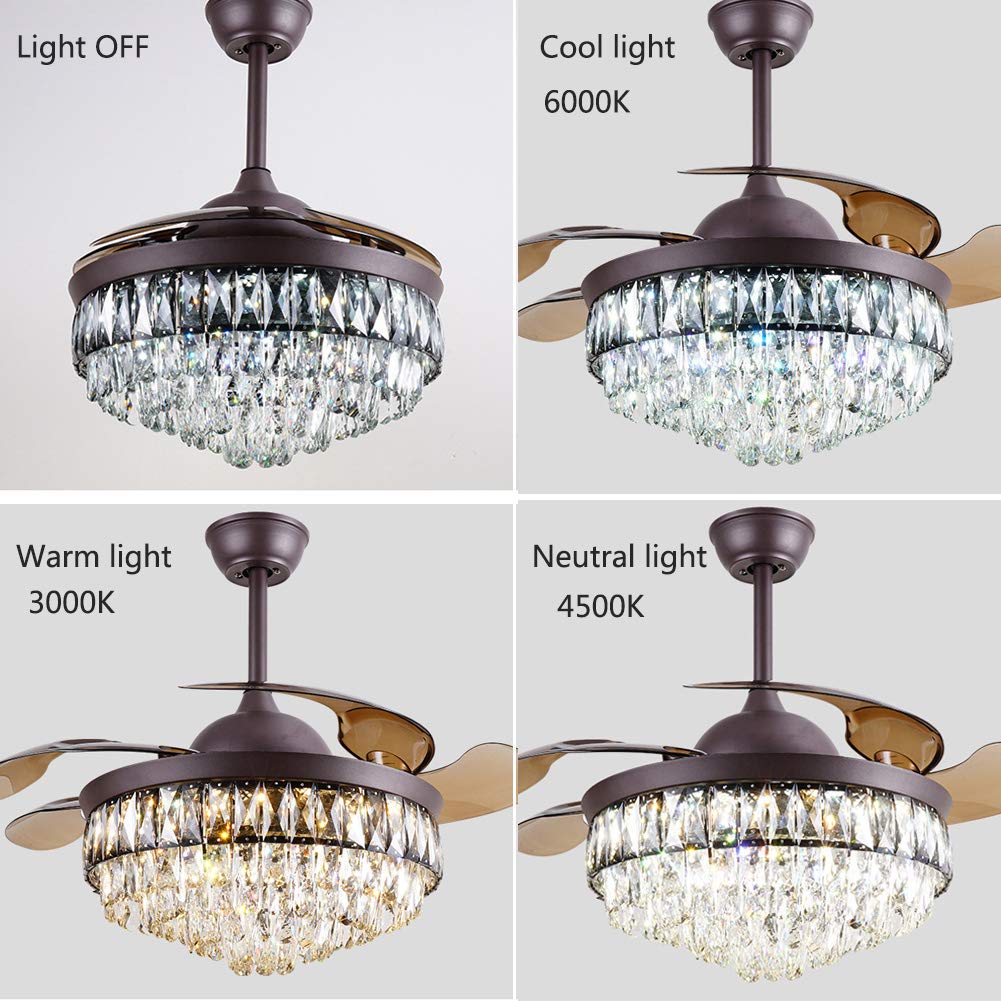 42 Inch Modern Crystal Ceiling Fan with LED Lights & Remote Control - 3 Speed, 3 Color Retractable Blades - Brown Finish Chandelier Fandelier for Dining Room, Living Room, Bedroom | Energy Efficient Cooling & Elegant Lighting Solution