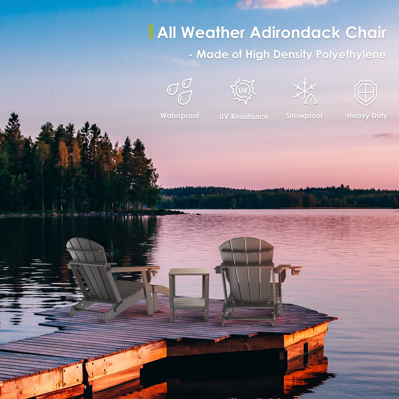 2-Pack Folding Adirondack Chairs with Cup Holders | Durable HDPE Plastic All-Weather Outdoor Furniture | Perfect for Backyard, Patio, Deck & Garden Relaxation by Fire Pit (Grey)