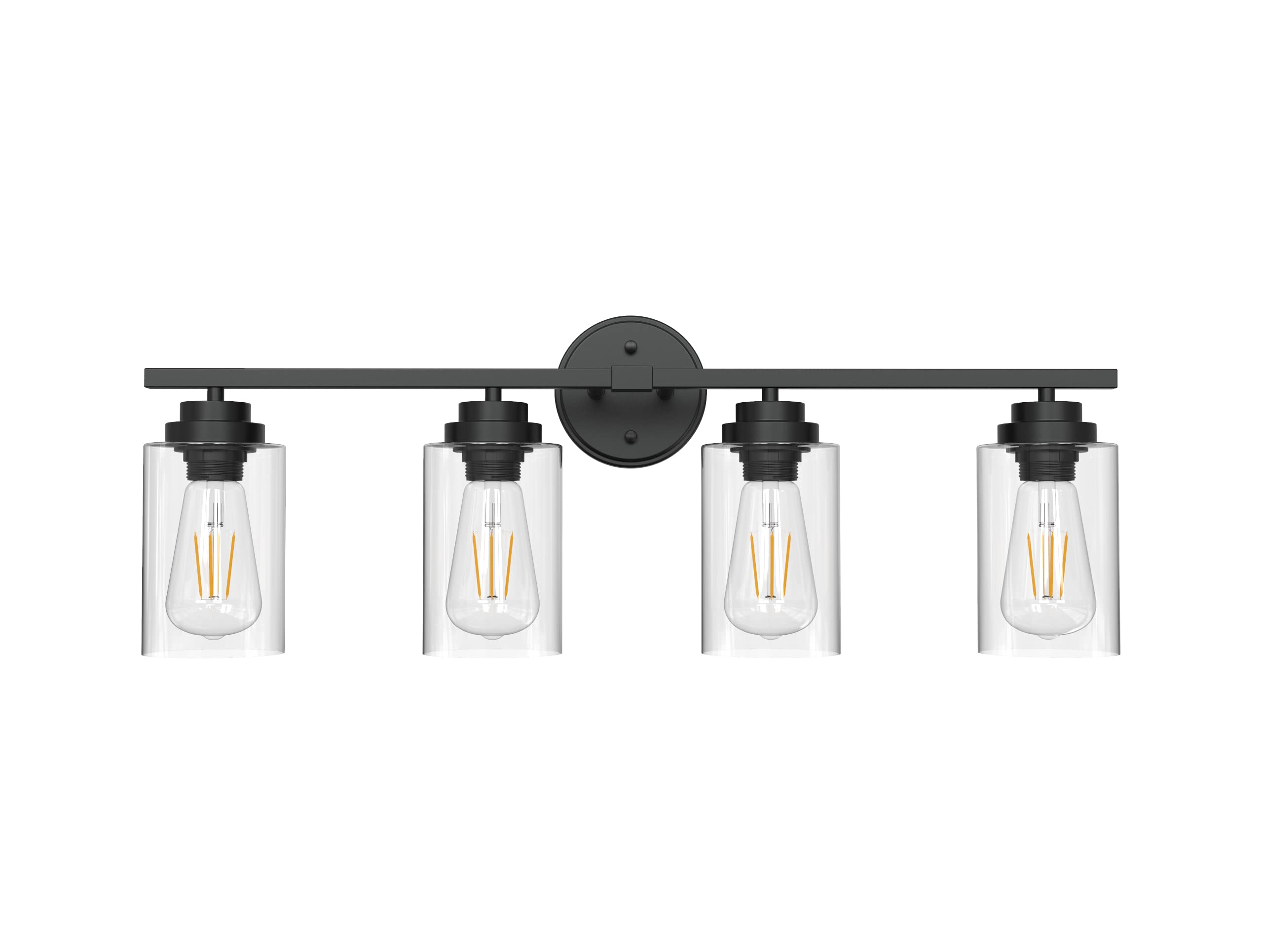 Black Dimmable Bathroom Vanity Light Fixtures - 4-Light Rustic Farmhouse Vanity Bar Lighting for Mirrors, Modern Industrial Wall Sconces with Clean Glass Shades | Perfect for Bathroom, Powder Room & Dressing Area Makeup Lighting