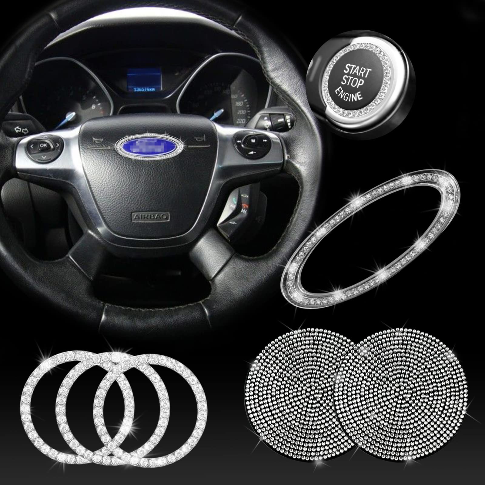 JINGSEN Bling Steering Wheel Logo - Compatible with Ford Fusion, Escape, Focus, Transit, Fiesta, EcoSport | DIY Diamond Crystal Car Emblem for Interior Decoration | Includes 2 Pack Silicone Car Coasters | Perfect for Customizing Your Ford Vehicle & Adding Luxury Style to Your Car Interior