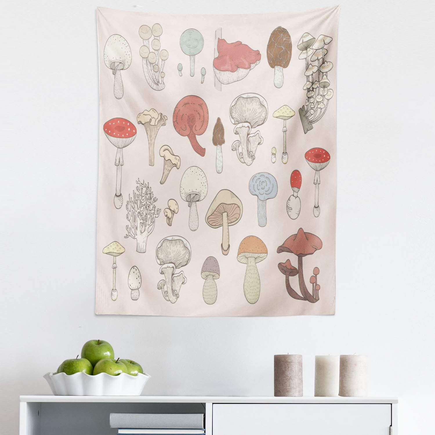 Ambesonne King Size Cartoon Tapestry - Pastel Mushroom Illustration Wall Hanging, Bedspread & Wall Decor (23