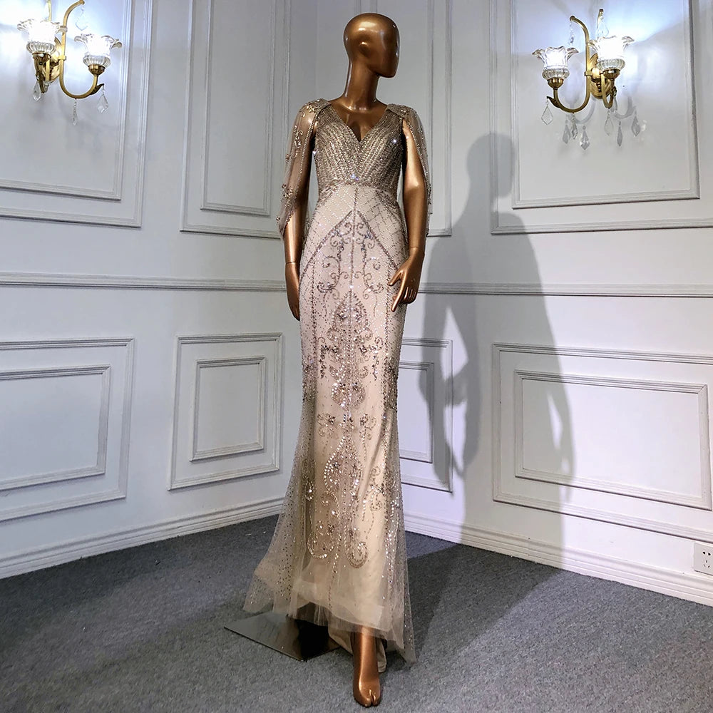 Elegant Dubai Grey Nude Evening Dress 2025 - Crystal Embellished Sleeveless Formal Gown with Shawl | Perfect for Prom, Cocktail Parties & Special Occasions