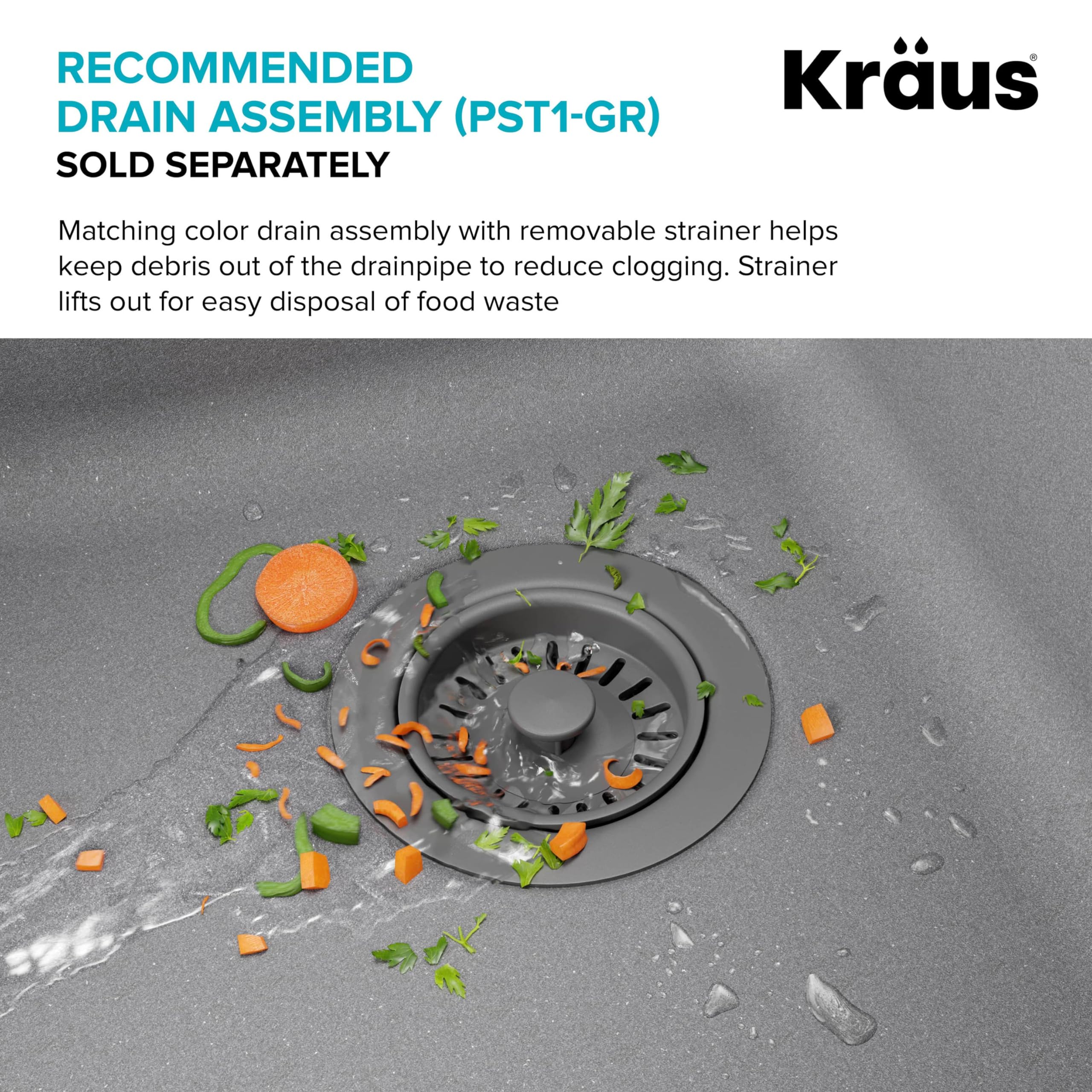 KRAUS Quarza 33-inch Drop-In/Undermount 60/40 Double Bowl Granite Composite Kitchen Sink in Gray - Durable & Stylish for Modern Kitchens, Perfect for Meal Prep and Cleanup (Model KGD-442GREY)