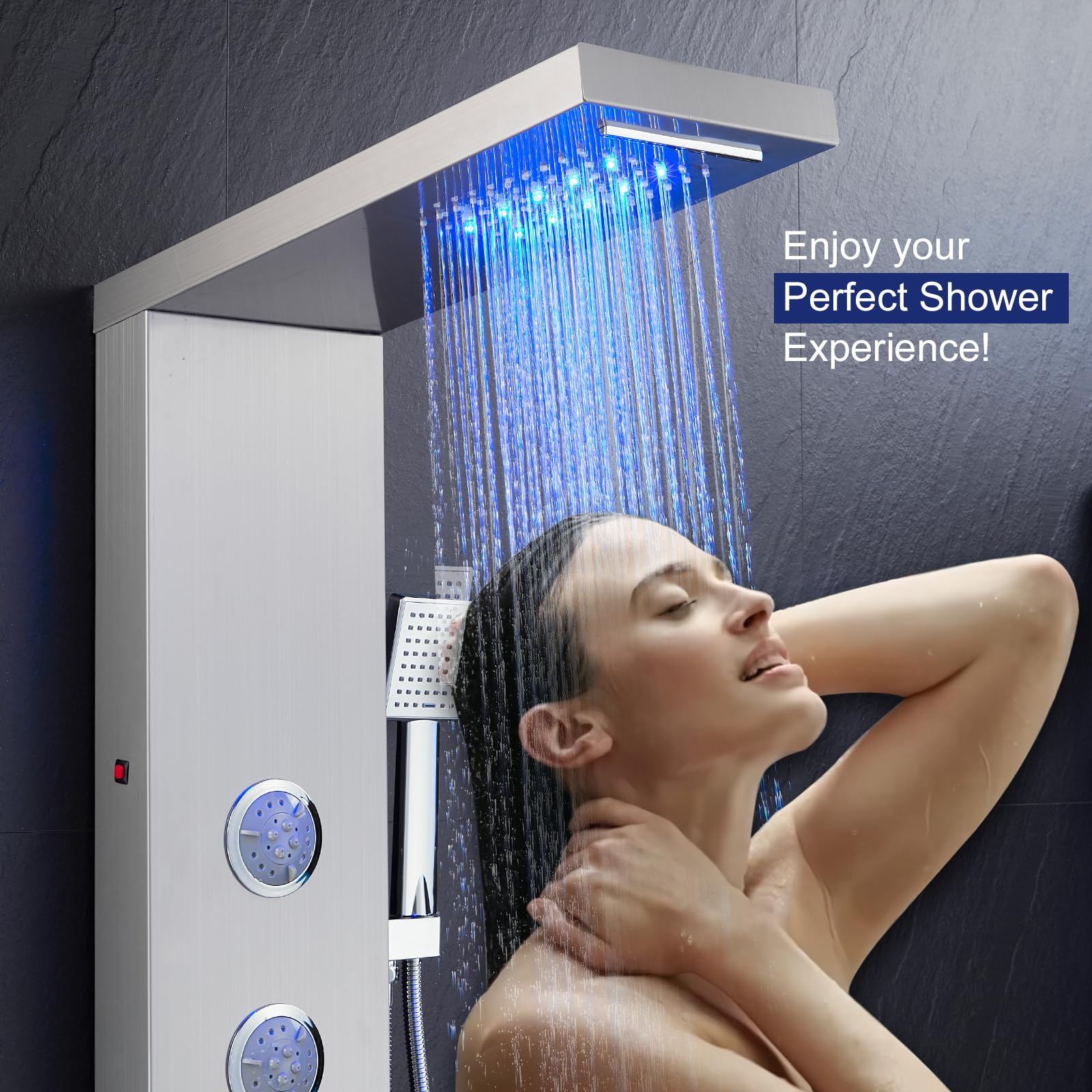 ROVATE 5-in-1 Brushed Stainless Steel LED Shower Panel Tower System - Rainfall, Waterfall, Massage Jets & Handheld Shower Combo - High Pressure Bathroom Upgrade for Spa-Like Experience
