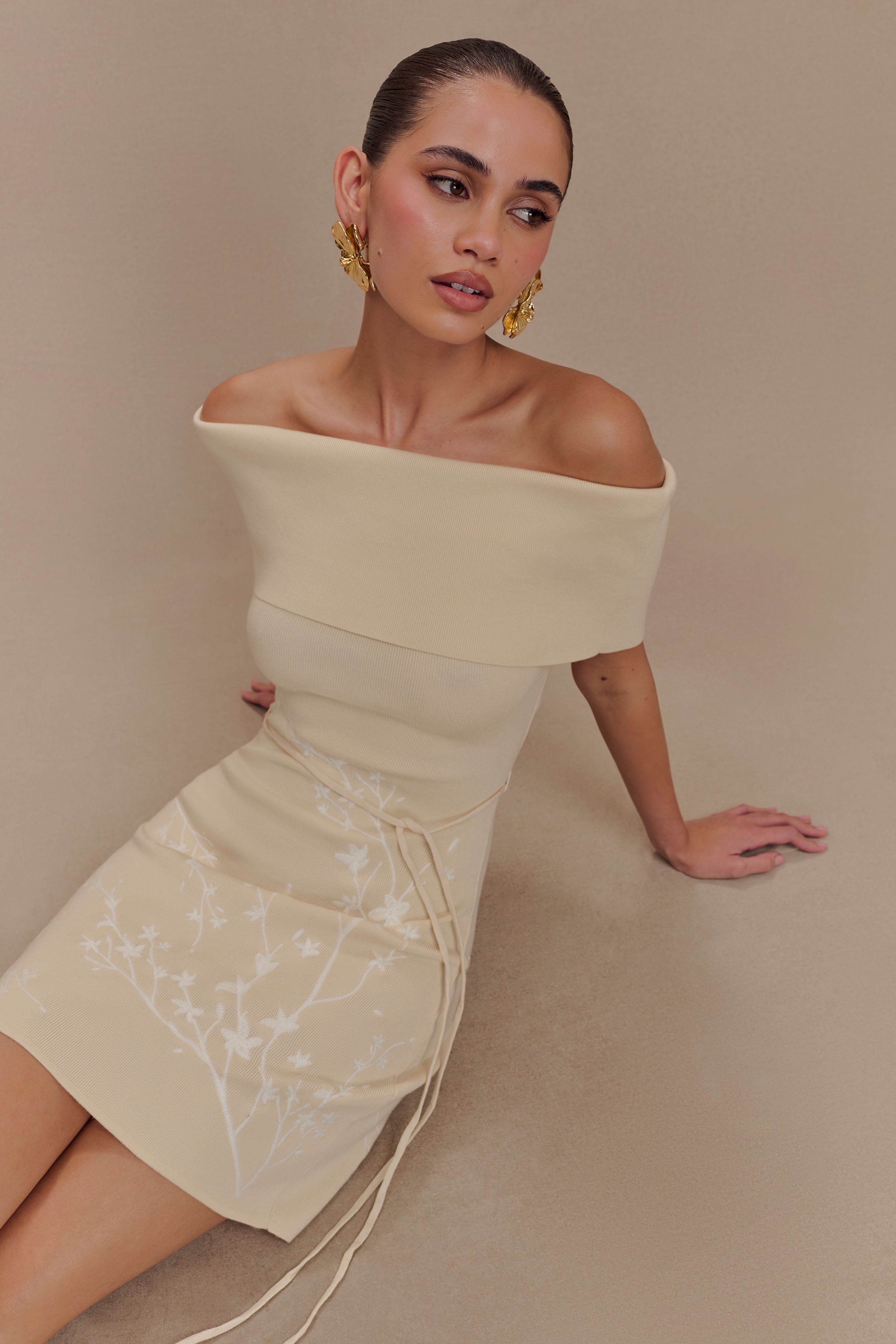 Mallory Off Shoulder Embroidered Knit Mini Dress - Cream & Ivory - Perfect for Date Night, Summer Parties & Beach Vacations