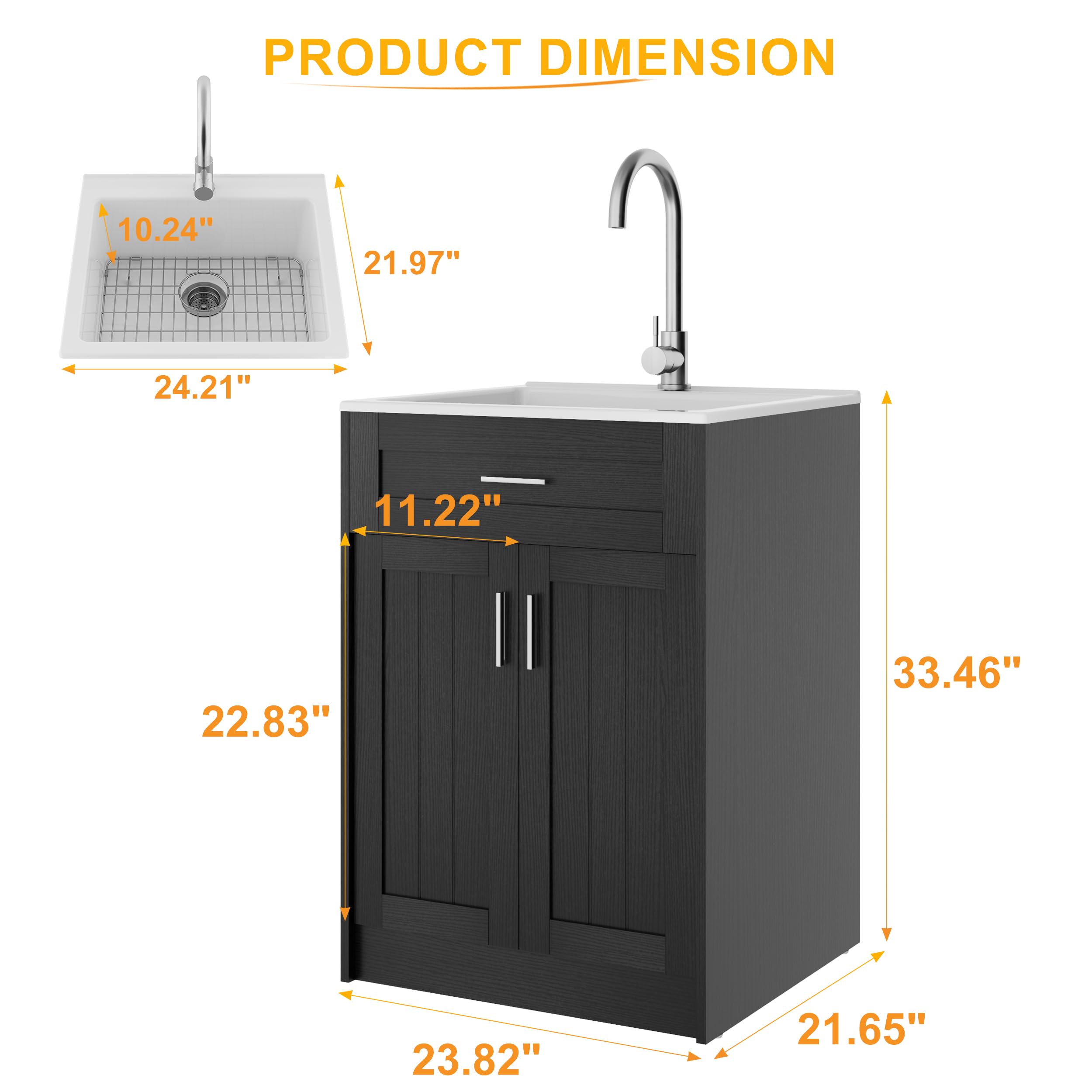 24 Inch Black Laundry Sink with Cabinet - Ceramic Utility Sink with Faucet, Freestanding Bathroom Vanity Combo for Laundry Room, Utility Room, Bathroom, Kitchen & Garage | Perfect for Washing Clothes, Cleaning Tools & Household Chores