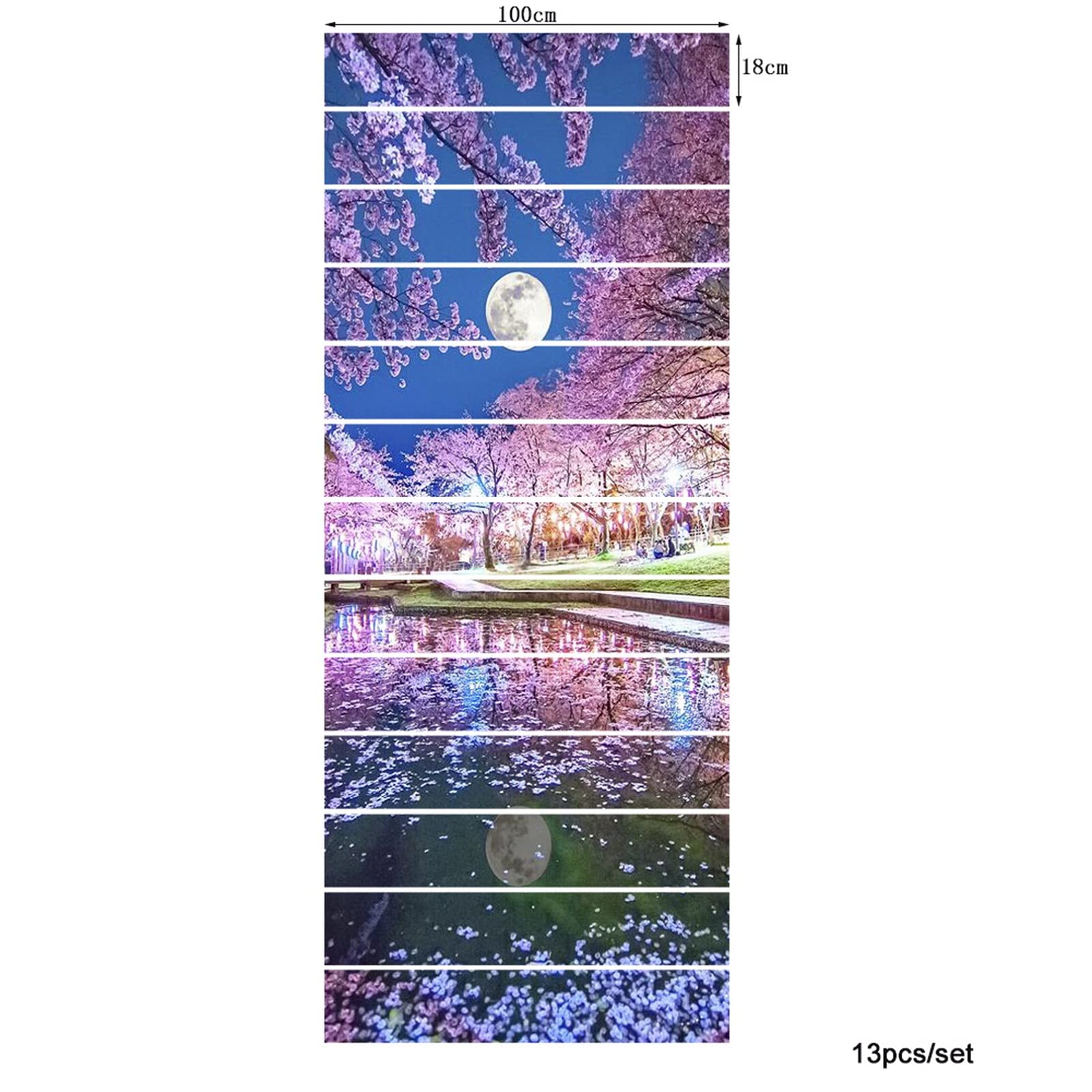 3D Self-Adhesive Removable Cherry Blossom Stair Stickers - Sakura Flowers & Moon Night River Scene Vinyl Decals (13-Piece Set) for Stair Risers, Kitchen Tiles & Wall Murals - Perfect for Home Decor, DIY Projects & Interior Design