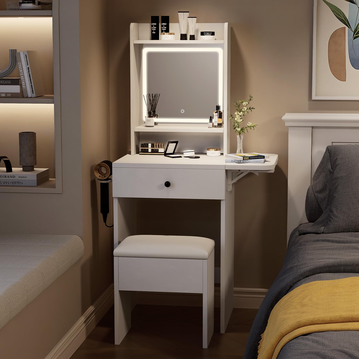 Oneinmil Small Makeup Vanity Desk with Adjustable LED Mirror & Chair - 3 Lighting Modes, Compact Dressing Table for Small Spaces, White Bedroom Vanity Set - Perfect for Makeup Application, Skincare Routine & Home Decor