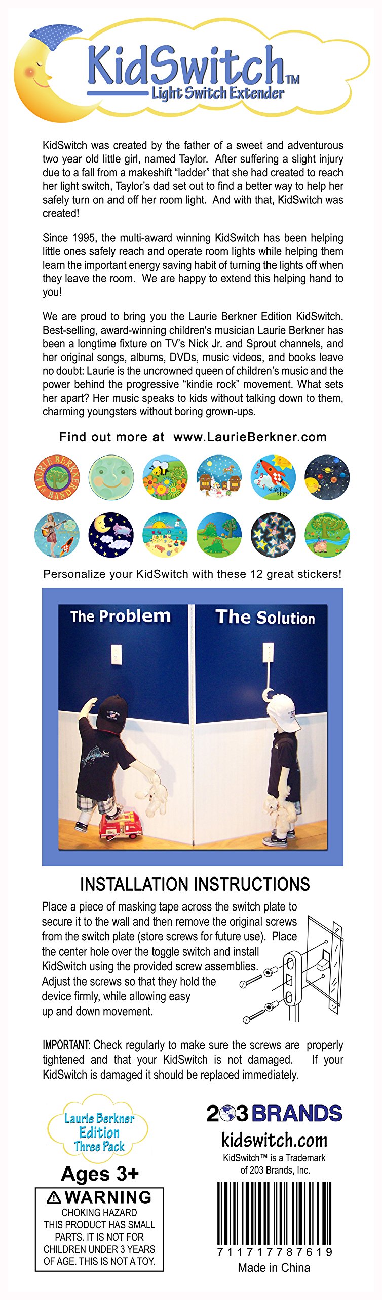KidSwitch Light Switch Extender for Toddlers - Laurie Berkner Edition (3-Pack) with 12 Themed Wall Decals - Multi-Award Winning Child Safety Product - Perfect for Nursery, Playroom & Kids' Bedroom Safety