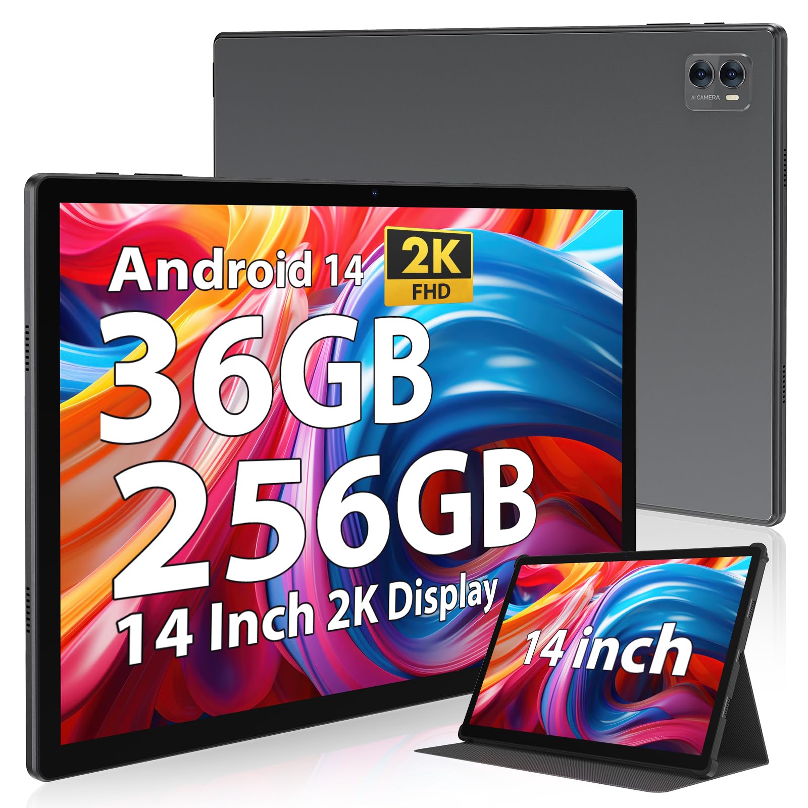 2025 14-inch Android 14 Tablet with 2K Display | 256GB Storage (Expandable to 1TB) | 36GB (12+24) RAM | 11580mAh Battery & 18W PD Fast Charger | Octa-Core CPU | 4 Speakers | 5G WiFi | Includes Protective Case (Gray) - Perfect for Work, Entertainment & Travel