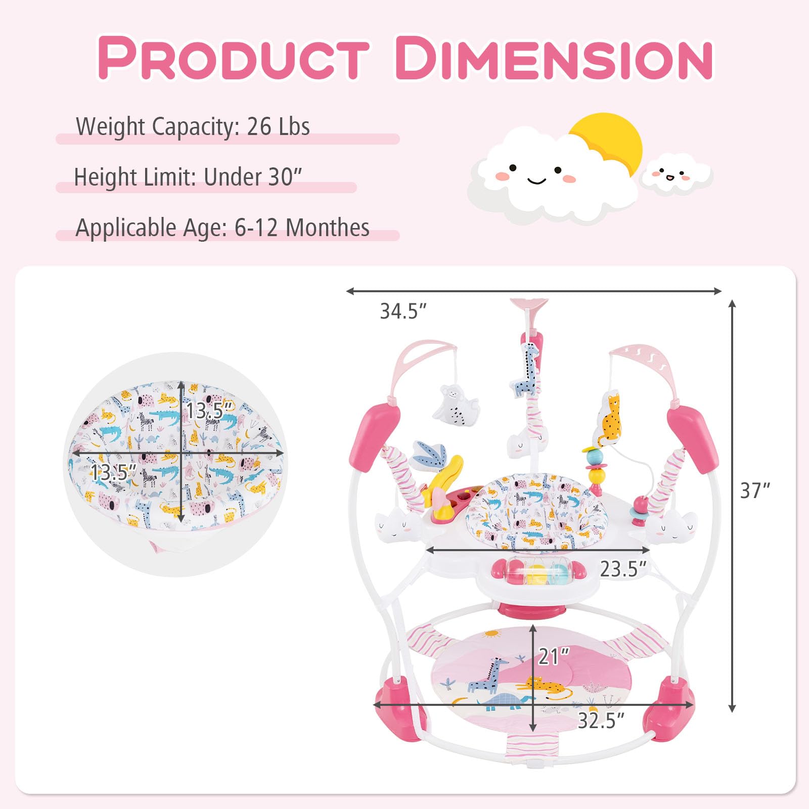 INFANS 3-in-1 Baby Activity Center with Music, Lights & Interactive Toys - 360° Rotating Seat, 3 Height Adjustments - Exersaucer Learning Toy for Infants 6-12 Months (Pink) - Perfect for Playtime, Early Development & Safe Bouncing Fun at Home
