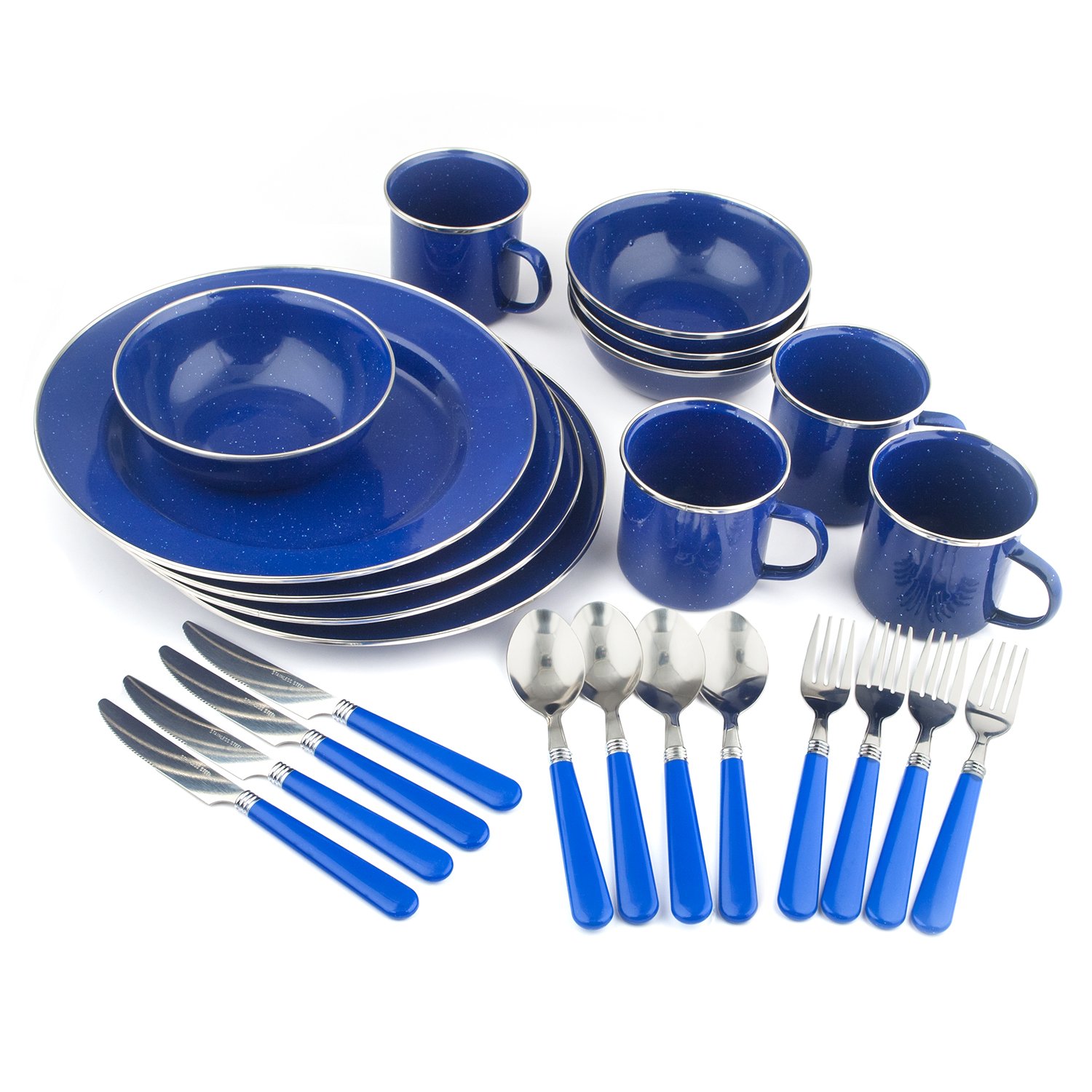 STANSPORT Deluxe 24-Piece Enamel Tableware Set - Durable Plates, Bowls, Mugs & Utensils for Camping, Picnics & Outdoor Dining | Rust-Proof & Lightweight Dinnerware