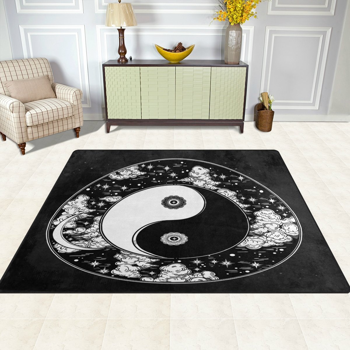 ALAZA Black Yin Yang Area Rug - 7' x 5' Oriental Meditation Rug for Living Room, Bedroom & Yoga Space | Feng Shui Home Decor