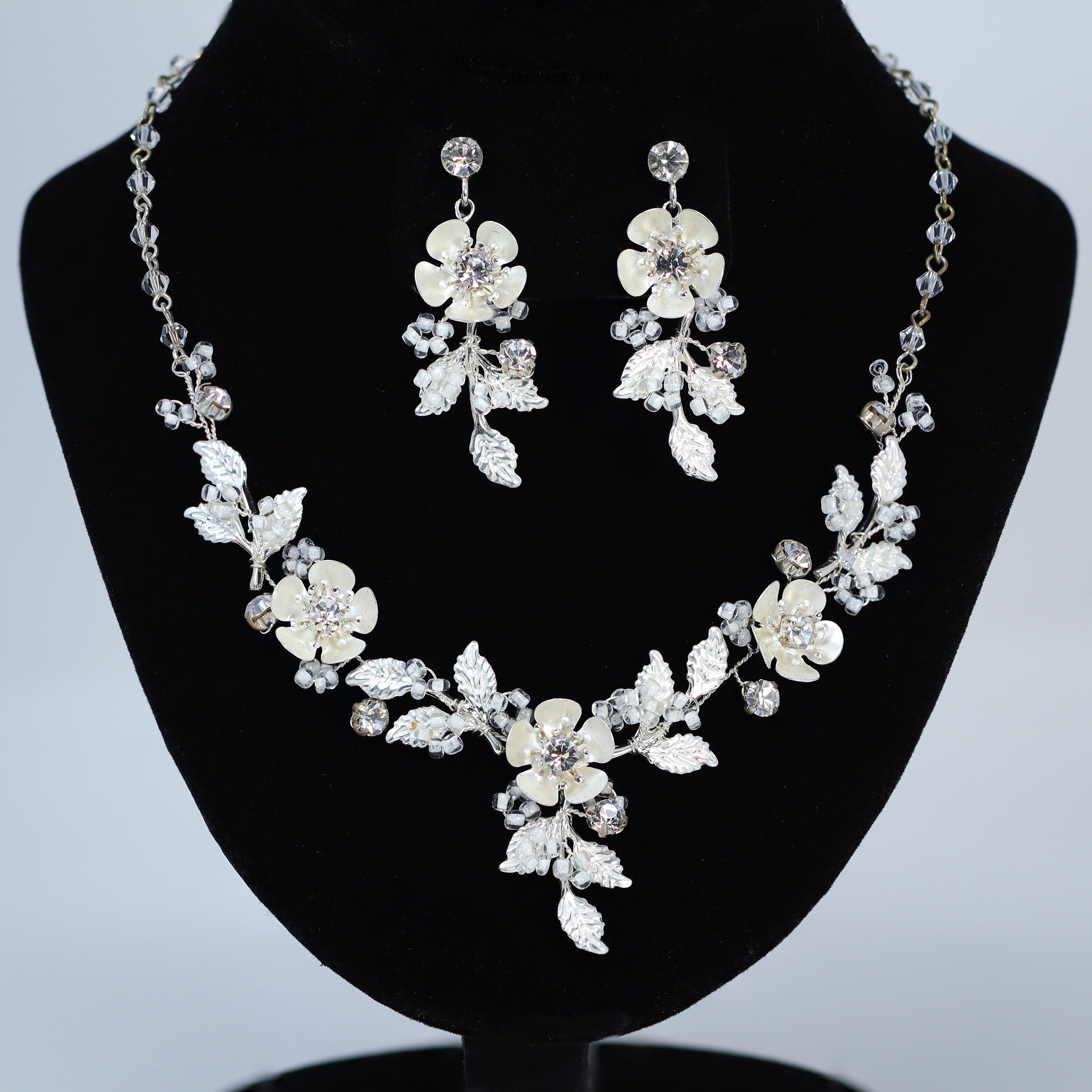 Swarovski Crystal Silver Floral Necklace Set - Elegant Long Bridal Jewelry with Flower Pendant & Statement Earrings | Perfect for Weddings, Anniversaries and Special Occasions