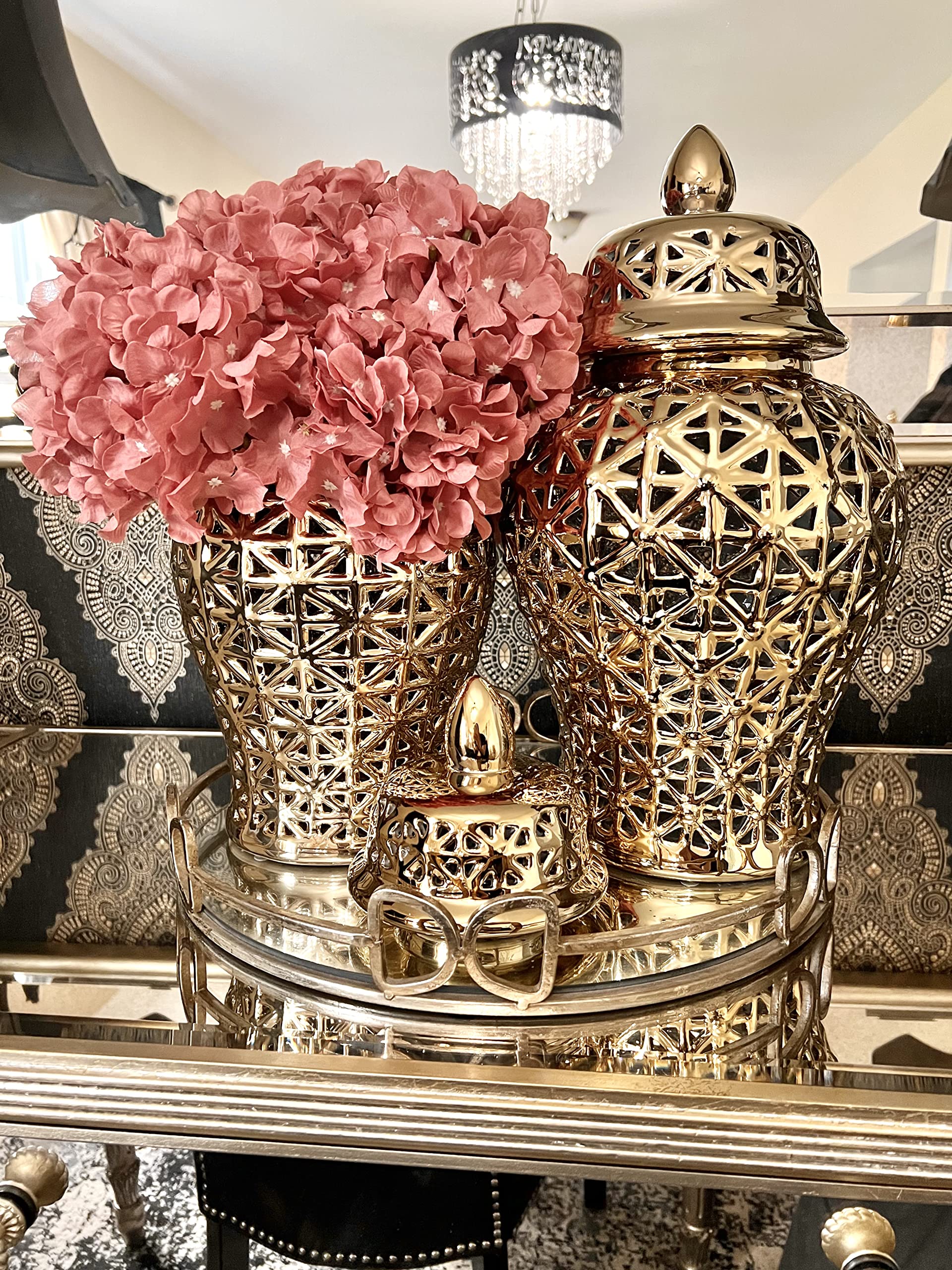 Noori Home - 100% Modern Glam Artisan Ceramic ARIA Small Gold Ginger Jar Urn with Lid 7.5x7.5x14.5 Inches - Elegant Home Decor for Living Room, Bedroom, or Office Display