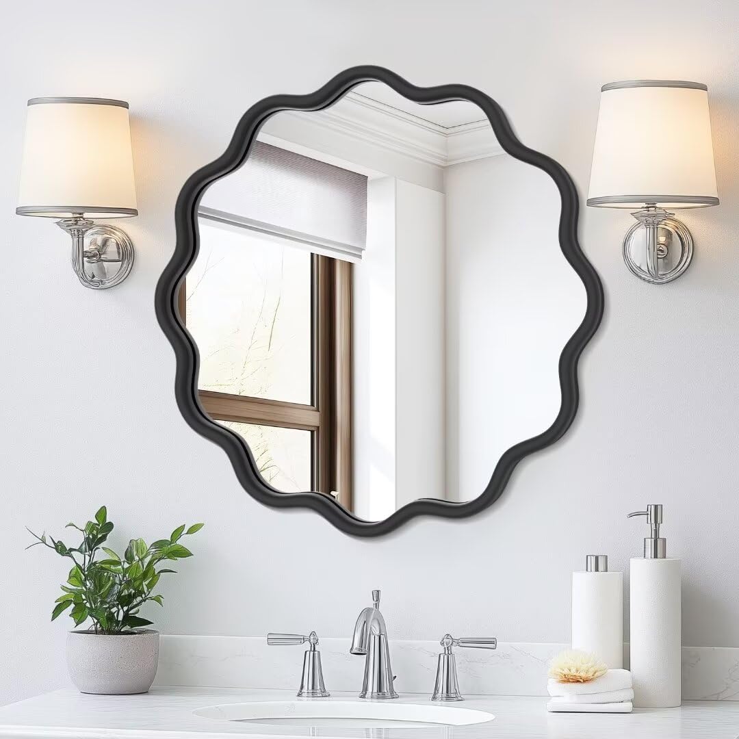 20 Inch Black Round Wavy Bathroom Vanity Mirror - Gold Frame Modern Wall Mirror with Anti-Rust Tempered Glass - Perfect for Bathroom, Bedroom & Living Room Decor