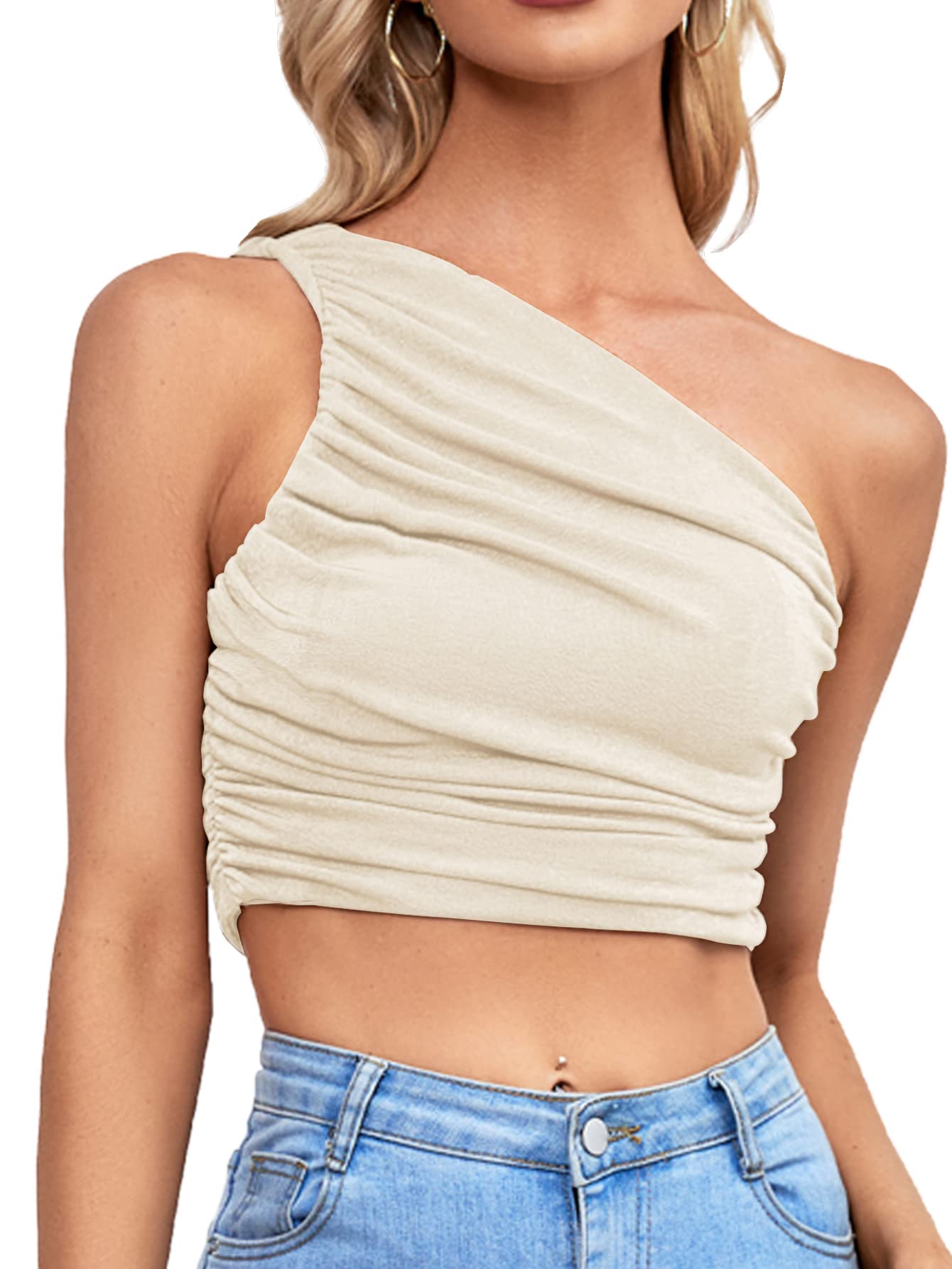 LYANER Women's Sexy Ruched One Shoulder Sleeveless Crop Top Strappy Cami Tank - Perfect for Night Out, Party, Date Night & Summer Fashion