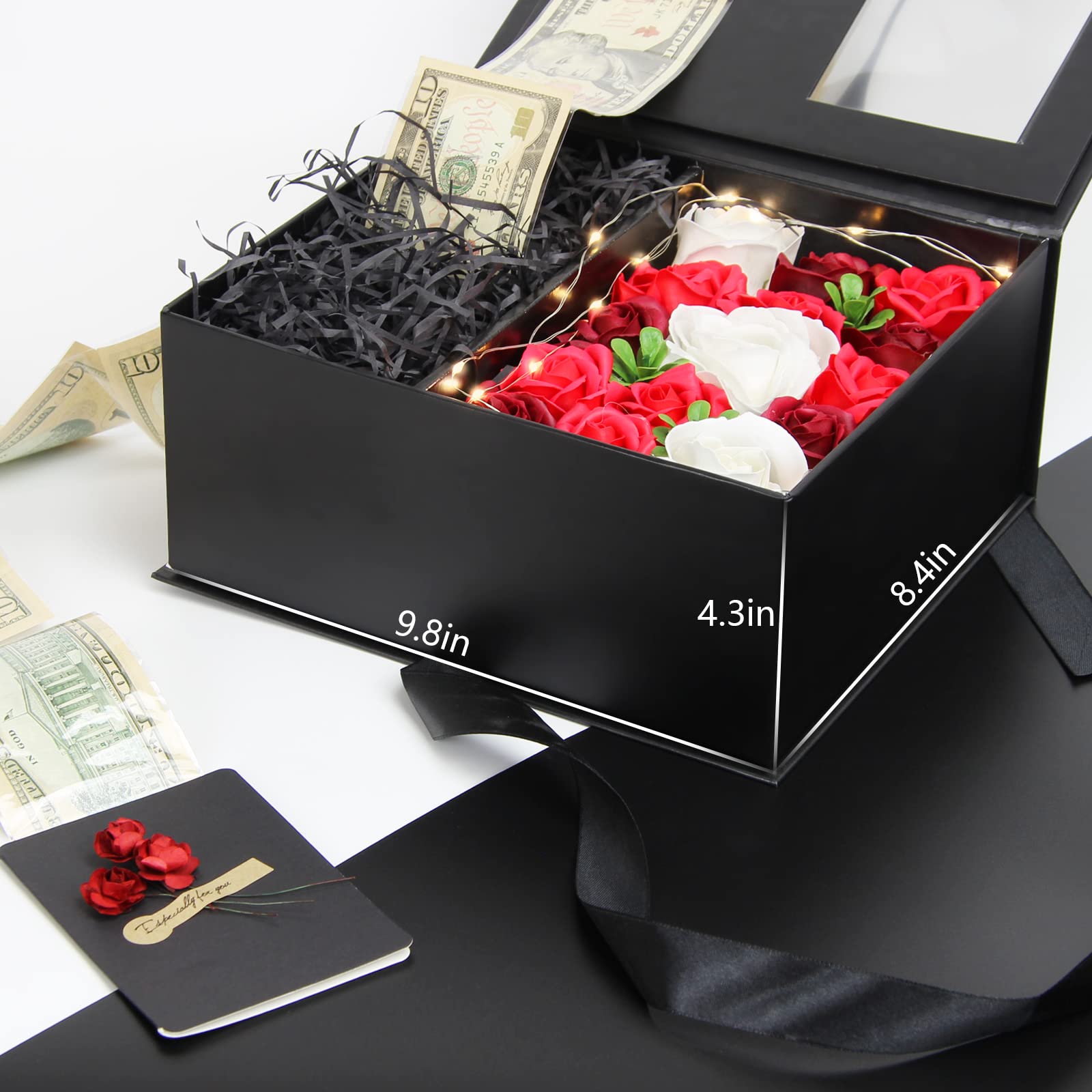 Luxury Money Pull Out Gift Box with Flowers & Ribbon - Elegant Cash Present Box for Birthday, Anniversary, Wedding - Perfect Gift for Wife, Girlfriend, Mother, Friend - Great for Surprise Parties & Special Occasions
