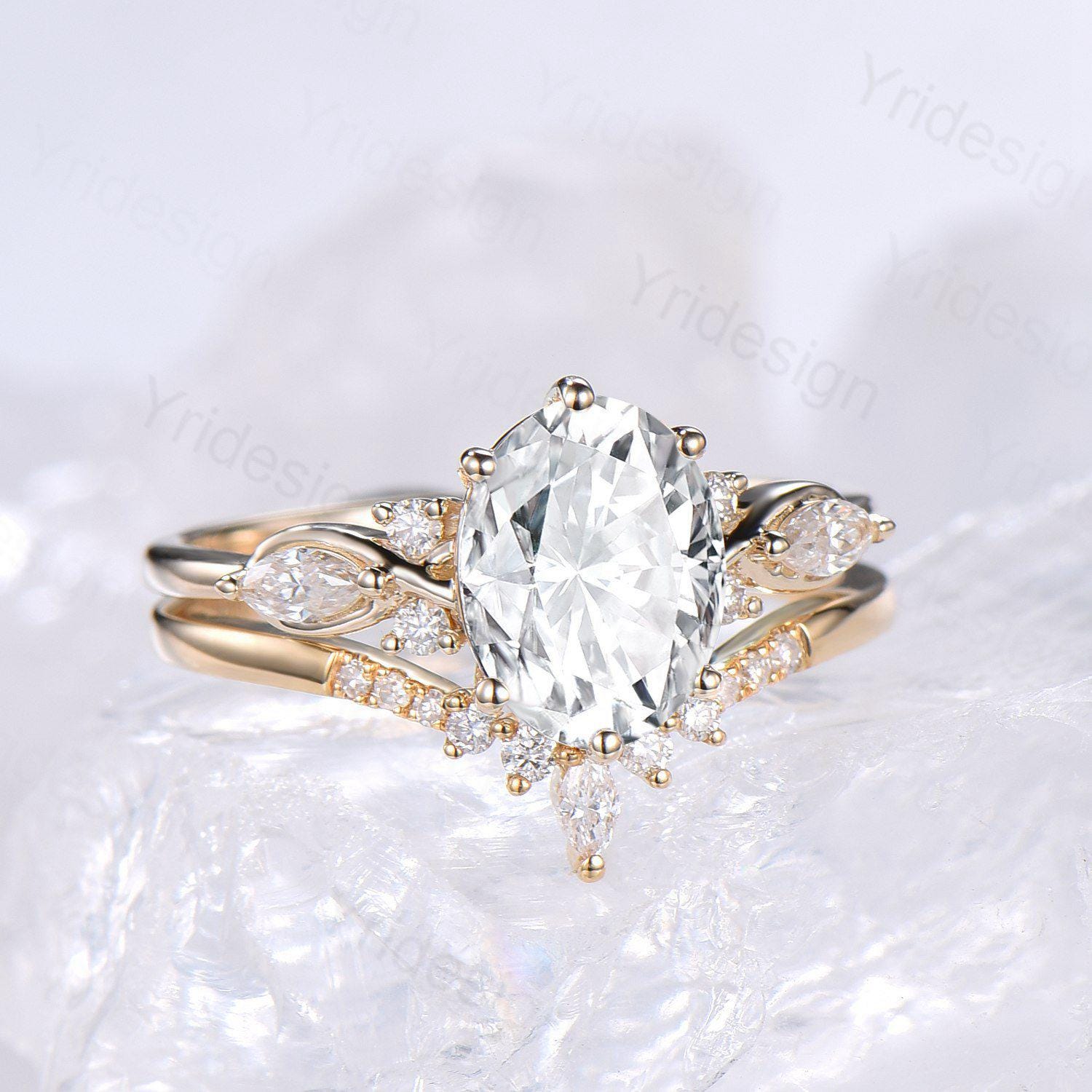 2 Carat Oval Cut Moissanite Engagement Ring Set in 14K Solid Yellow Gold, VS D Flawless Vintage Seven Stone Bridal Ring for Women - Perfect for Proposals, Weddings & Anniversary Gifts