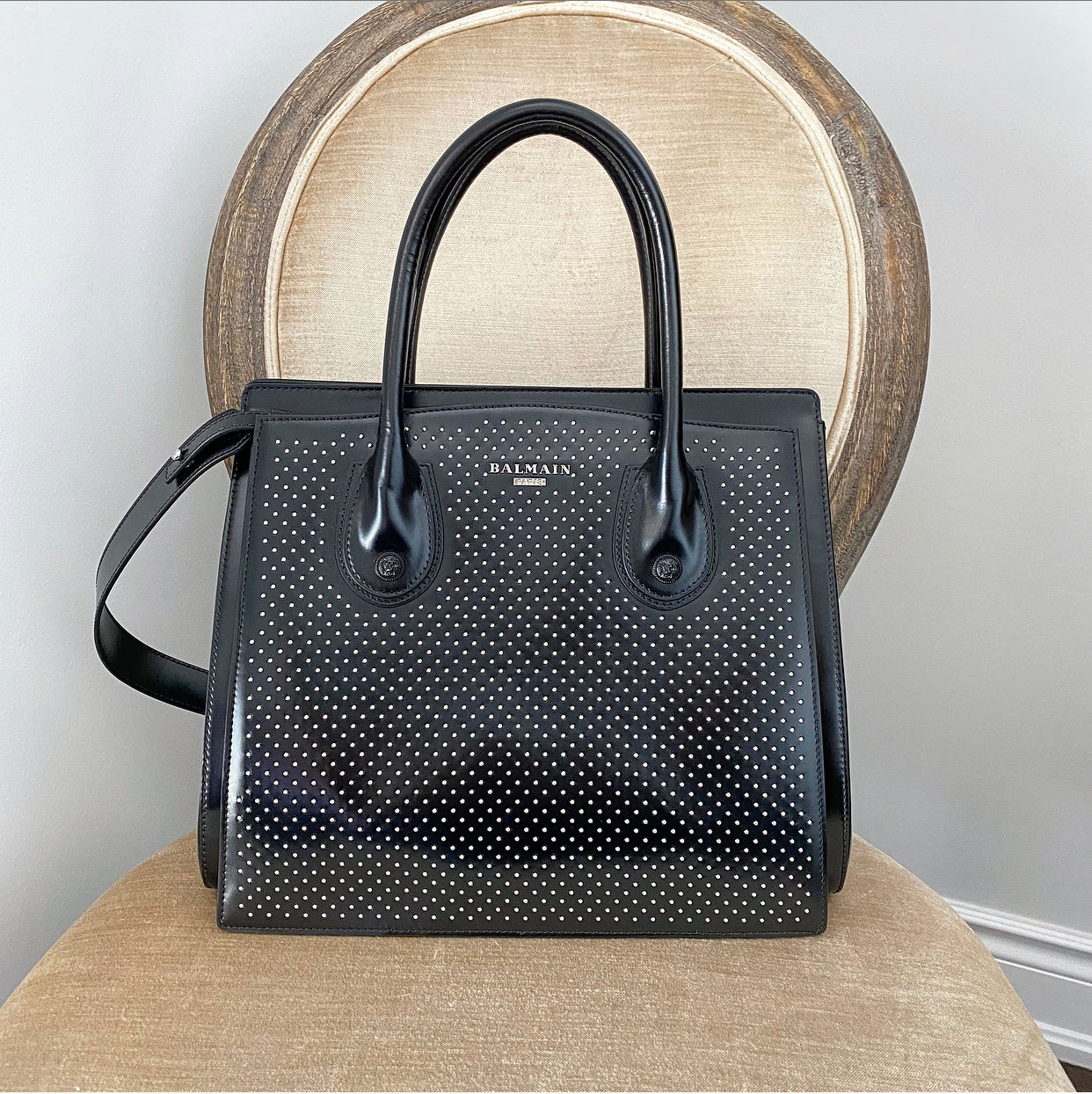 Balmain Black Studded Leather Top Handle Satchel Bag for Women - Luxury Designer Handbag for Work, Evening & Special Occasions